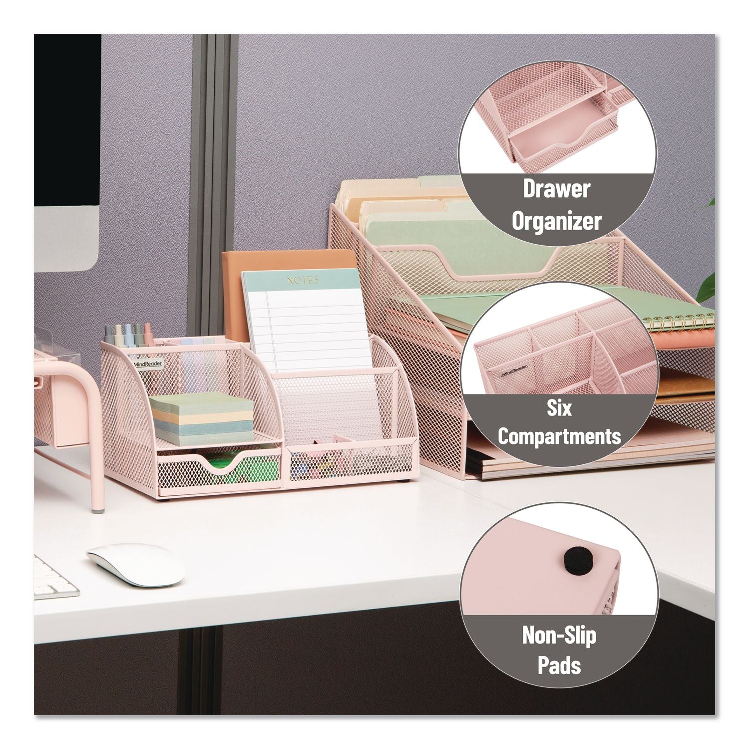 7-Compartment Metal Desk Organizer, 11 X 5.5 X 5, Pink Metal Mesh