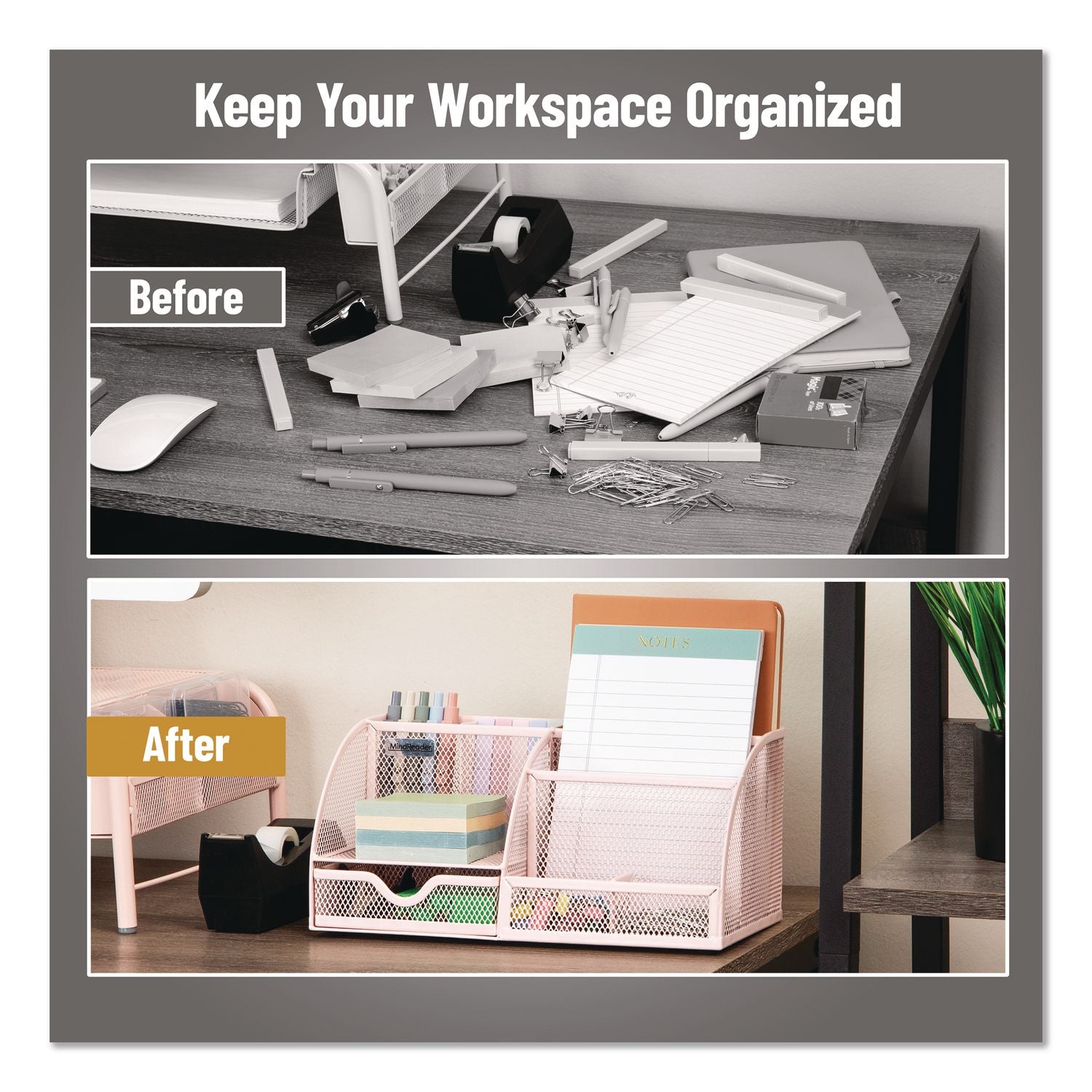 7-Compartment Metal Desk Organizer, 11 X 5.5 X 5, Pink Metal Mesh