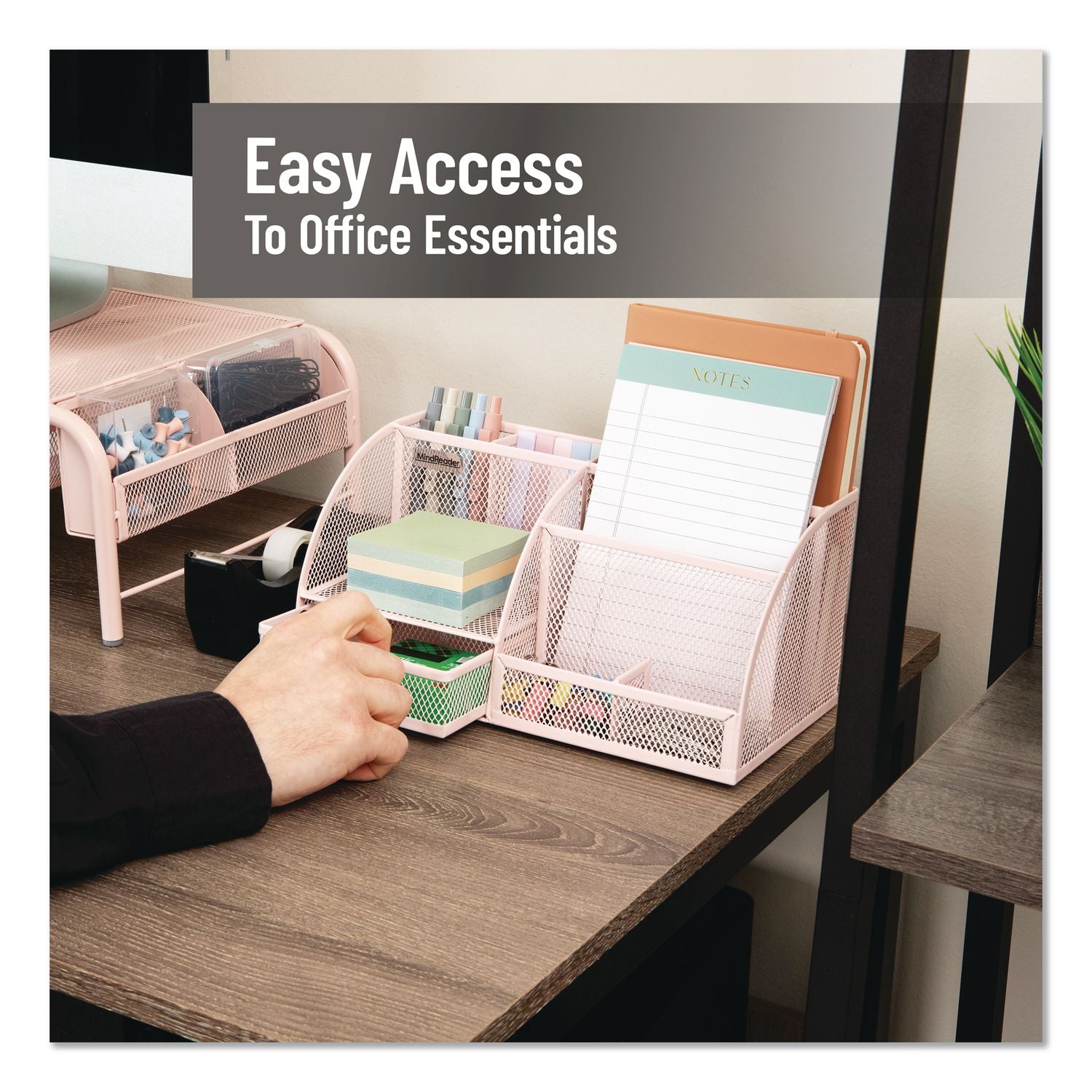 7-Compartment Metal Desk Organizer, 11 X 5.5 X 5, Pink Metal Mesh