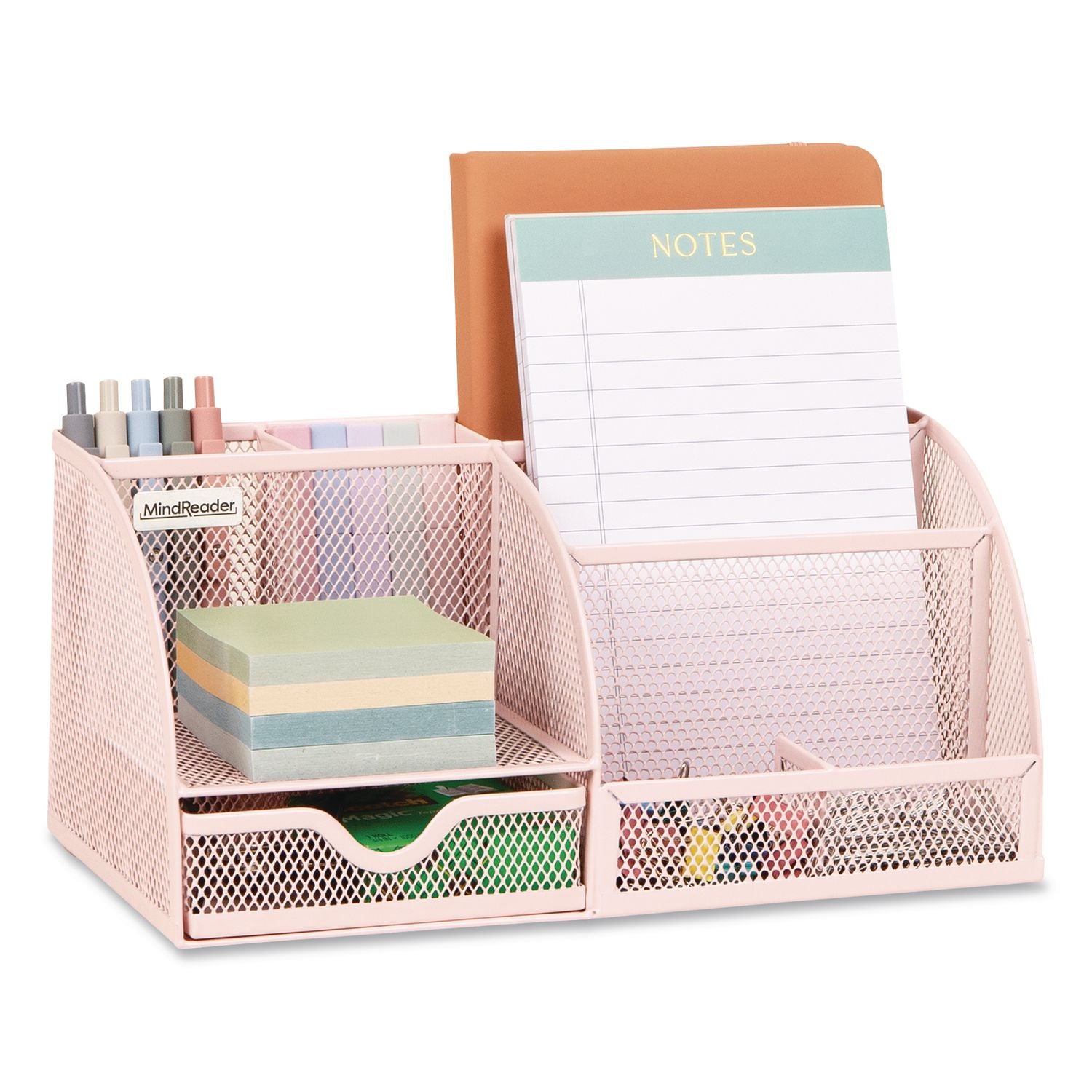 7-Compartment Metal Desk Organizer, 11 X 5.5 X 5, Pink Metal Mesh