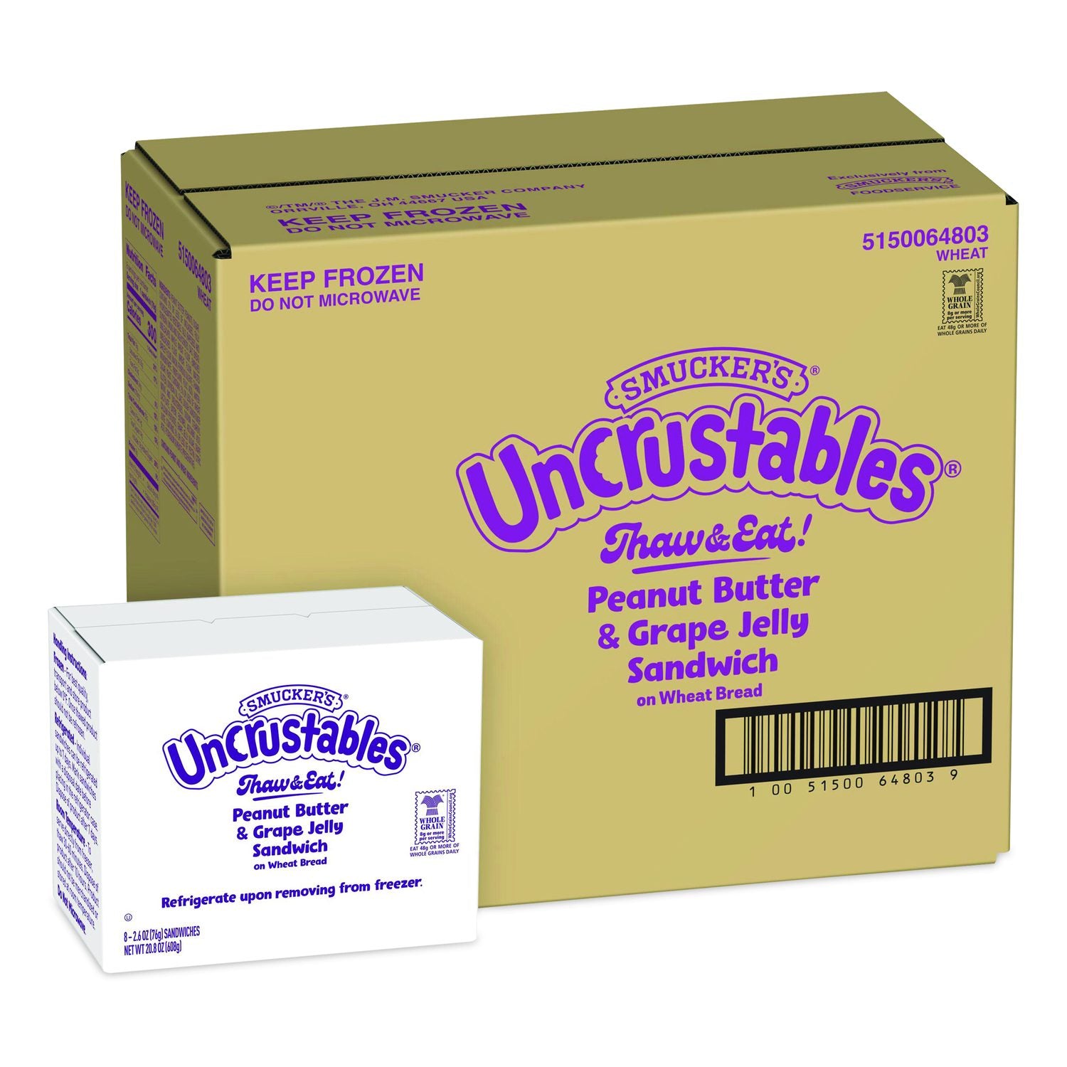 UNCRUSTABLES Peanut Butter And Grape Wheat, 2.6 Oz, 8 Sandwiches/Box, 2 Boxes/Carton