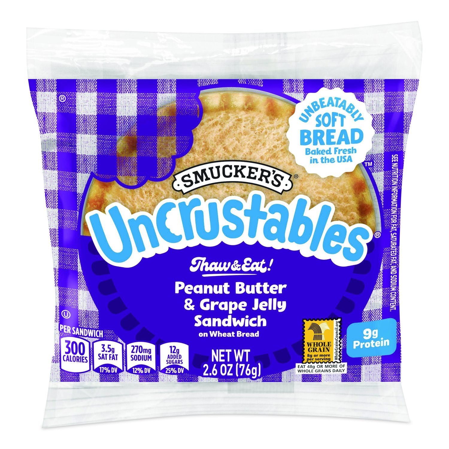 UNCRUSTABLES Peanut Butter And Grape Wheat, 2.6 Oz, 8 Sandwiches/Box, 2 Boxes/Carton