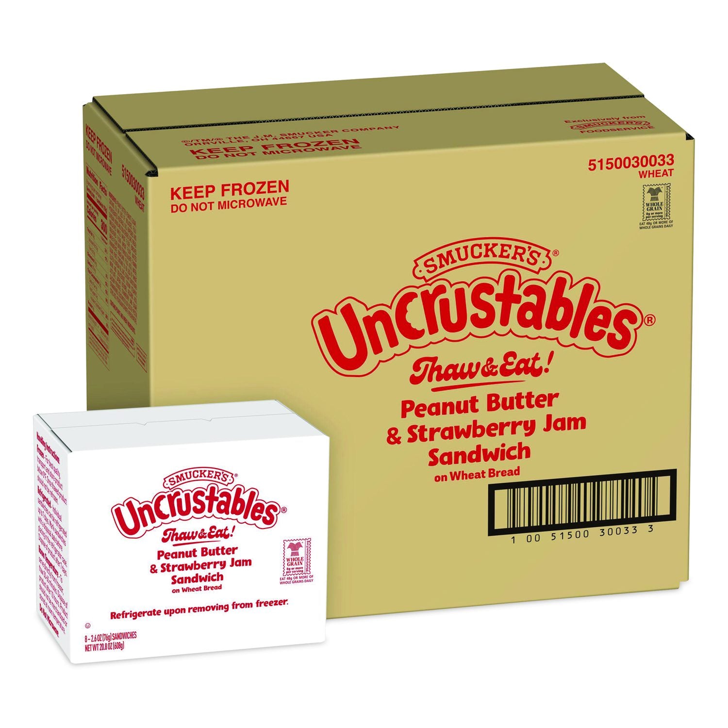 UNCRUSTABLES Peanut Butter And Strawberry Wheat, 2.6 Oz, 8 Sandwiches/Box, 2 Boxes/Carton