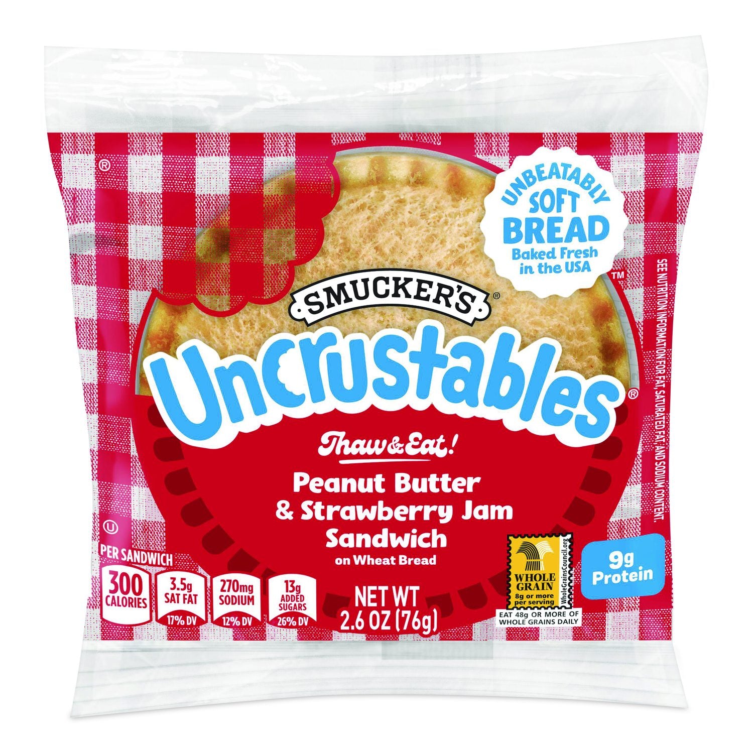 UNCRUSTABLES Peanut Butter And Strawberry Wheat, 2.6 Oz, 8 Sandwiches/Box, 2 Boxes/Carton
