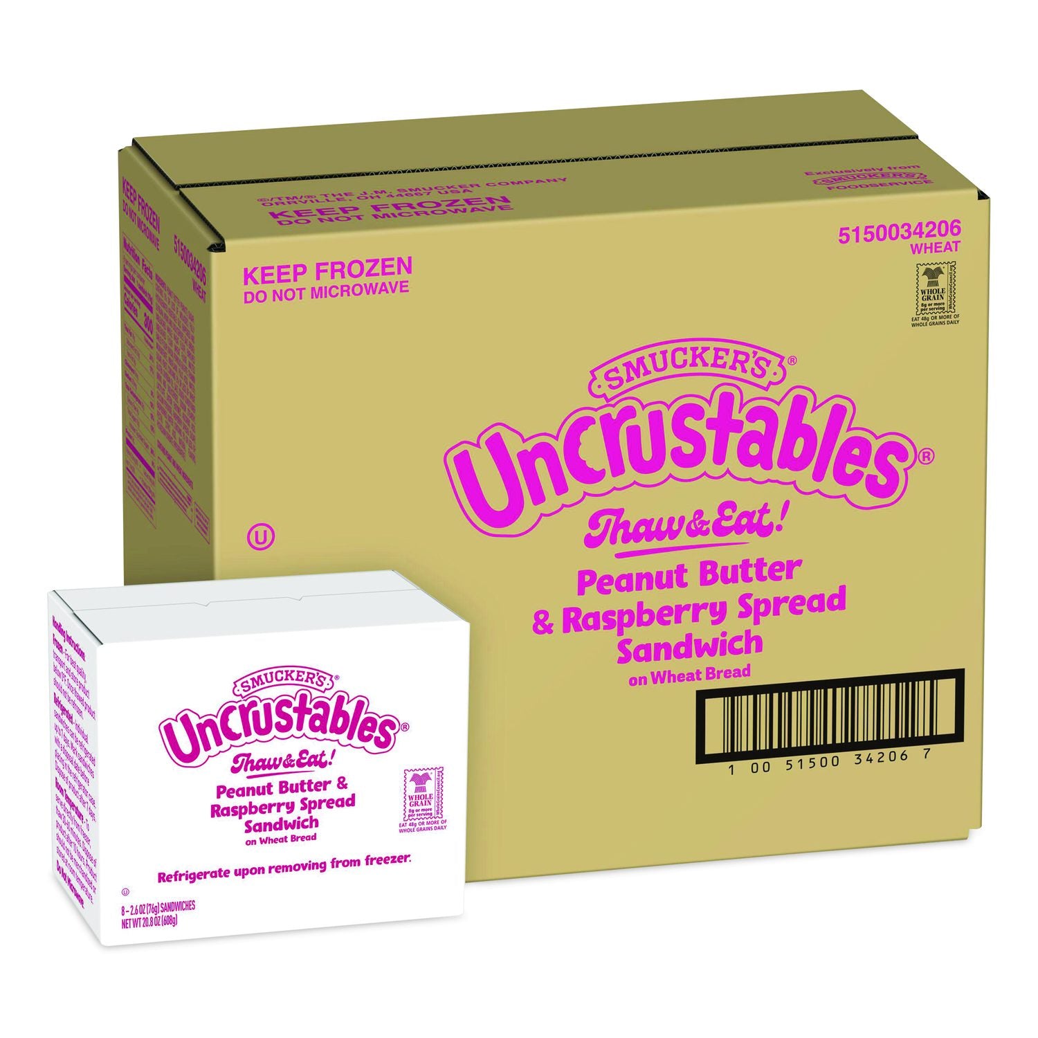 UNCRUSTABLES Peanut Butter And Raspberry Wheat, 2.6 Oz, 8 Sandwiches/Box, 2 Boxes/Carton