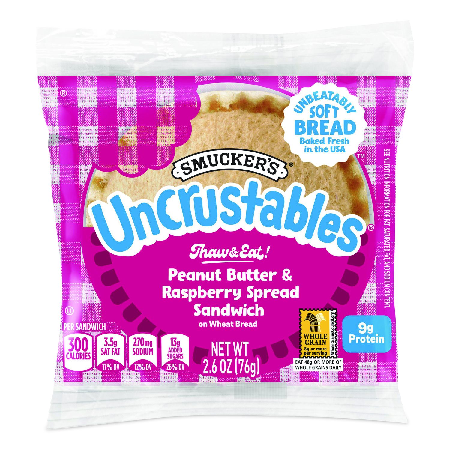 UNCRUSTABLES Peanut Butter And Raspberry Wheat, 2.6 Oz, 8 Sandwiches/Box, 2 Boxes/Carton