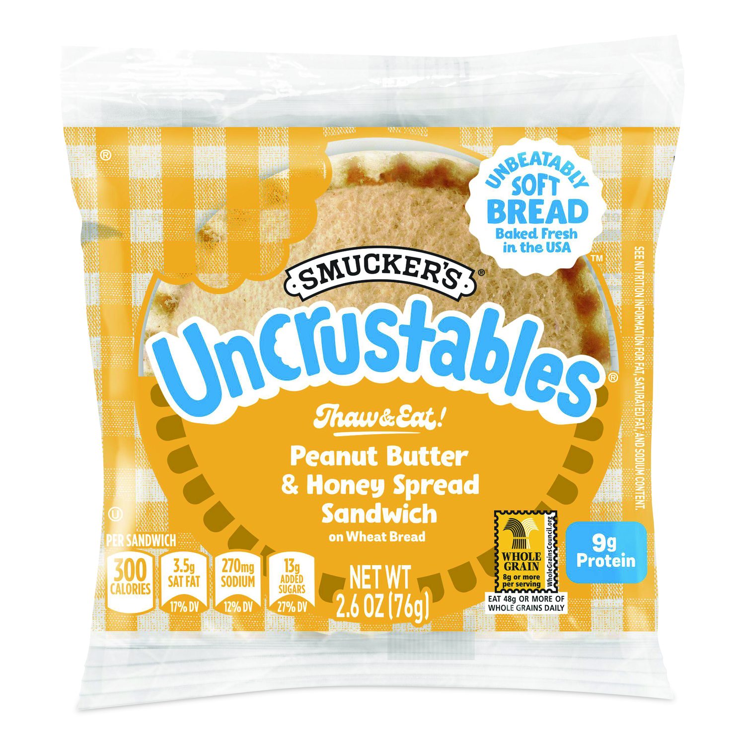 UNCRUSTABLES Peanut Butter And Honey Wheat, 2.6 Oz, 8 Sandwiches/Box, 2 Boxes/Carton