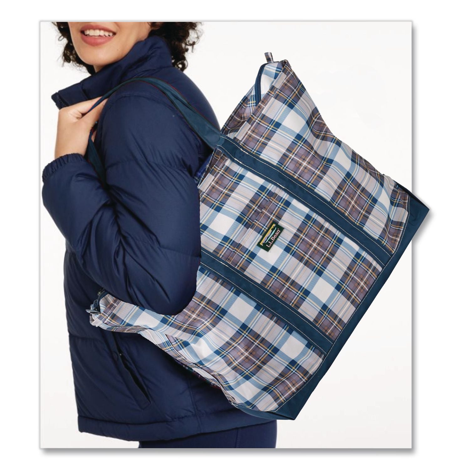 Large Polyester Everyday Lightweight Tote, 17" X 7.5" X 15", Mallard Blue Indigo Tartan