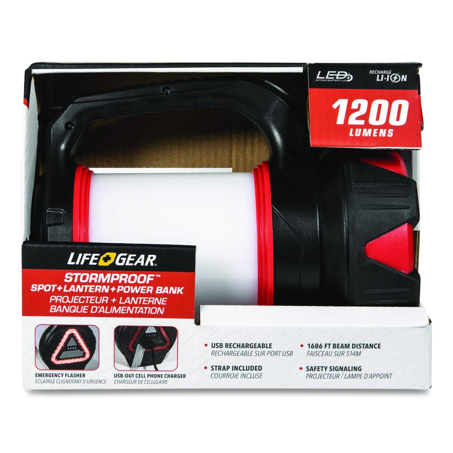 Lifegear USB Rechargeable Multi-Mode Lantern, Rechargeable Lithium Ion Battery (Included), Black/Red