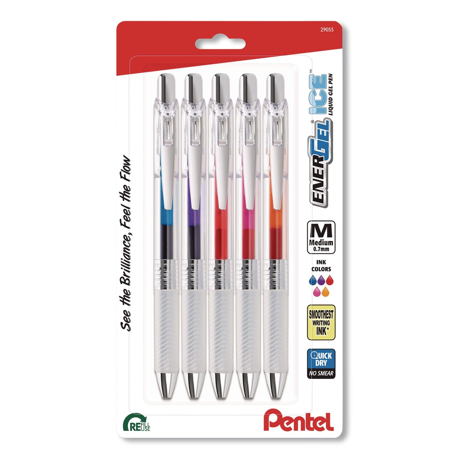 Energel ICE RTX Liquid Gel Pen, Retractable, 0.7 Mm Medium, Assorted Ink, Clear Barrel, 5/Pack