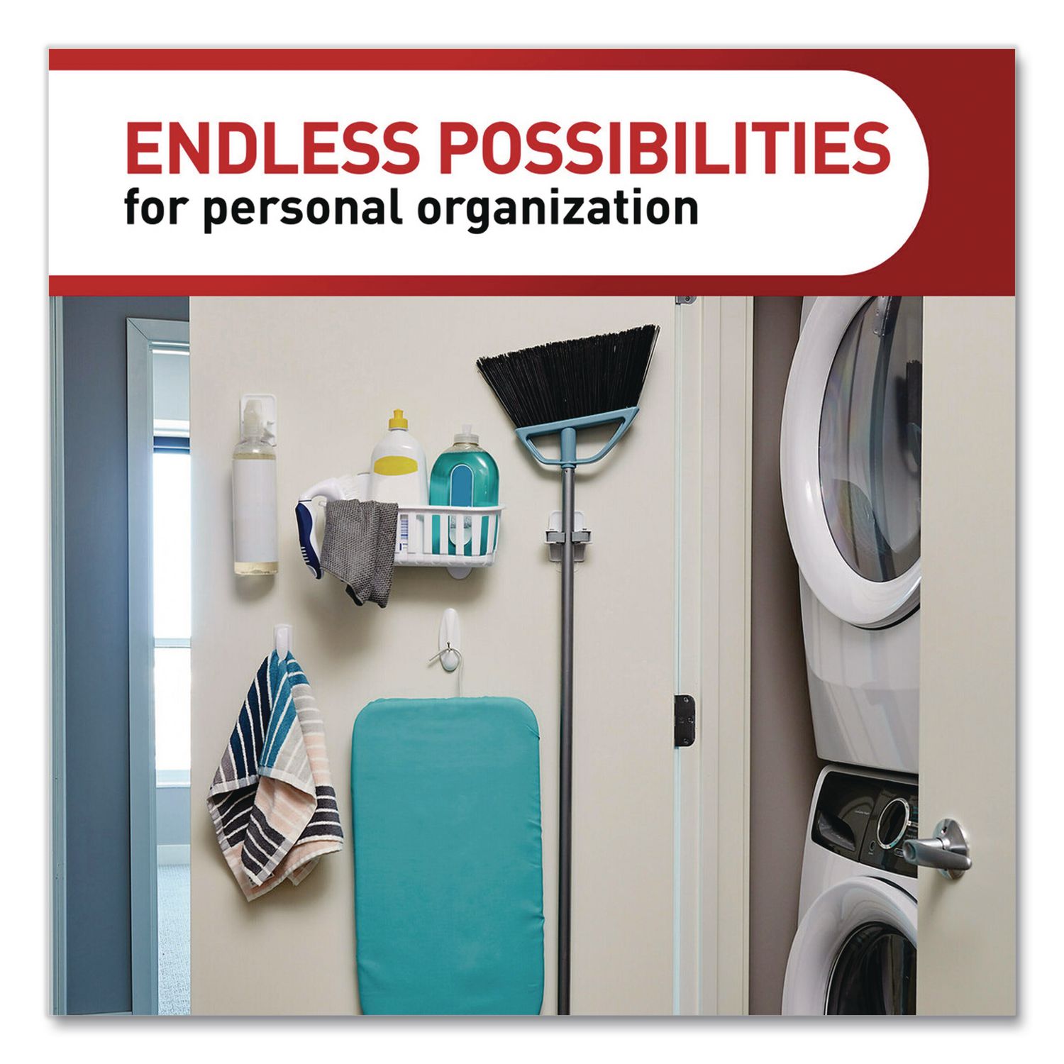 Closet Organization Essentials Variety Kit, Broom Gripper And (2) Utility Hooks, Plastic, White, Supports 4 Lb, 3/Pack