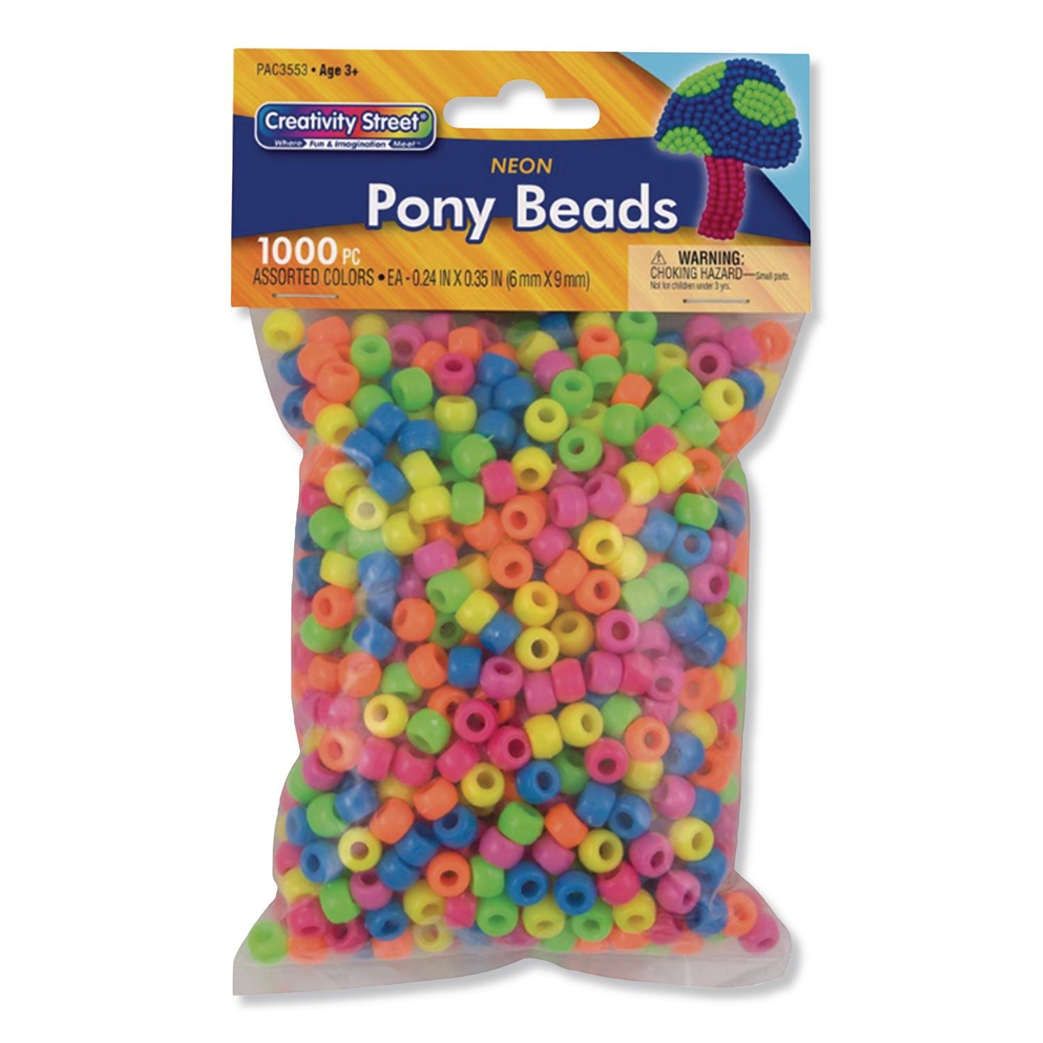 Pony Beads, Plastic, 0.24" X 0.35", Assorted Neon Colors, 1, 000/Pack