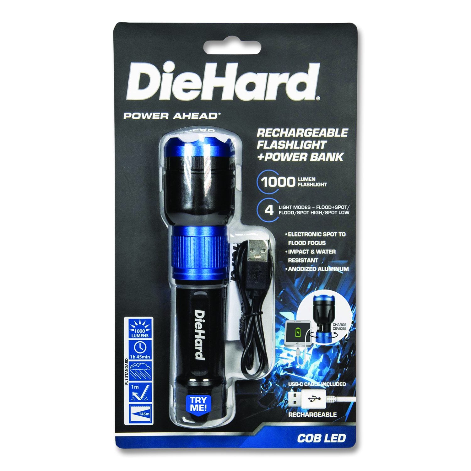 Diehard USB-C Rechargeable Flashlight And Power Bank, Lithium Ion Rechargeable Battery (Included), Black/Blue