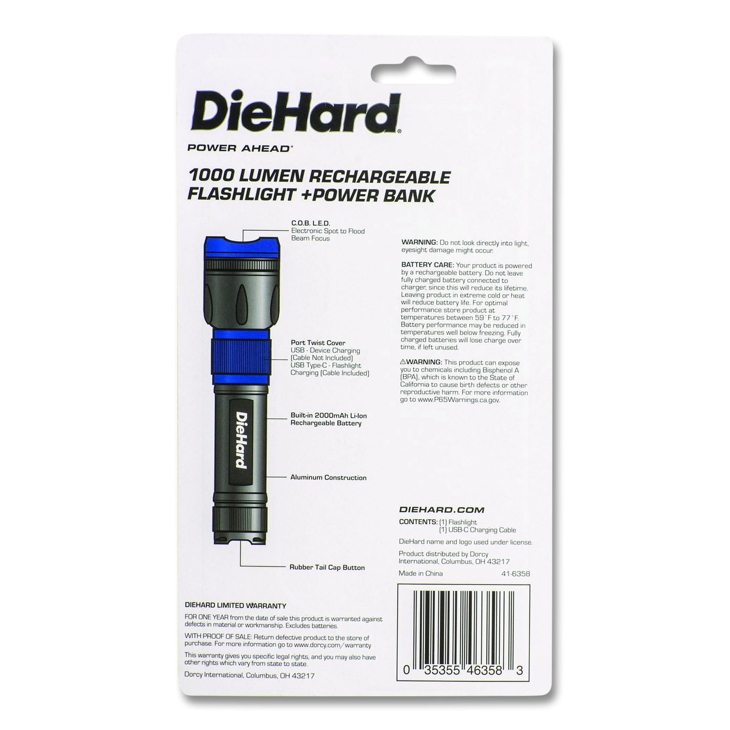 Diehard USB-C Rechargeable Flashlight And Power Bank, Lithium Ion Rechargeable Battery (Included), Black/Blue