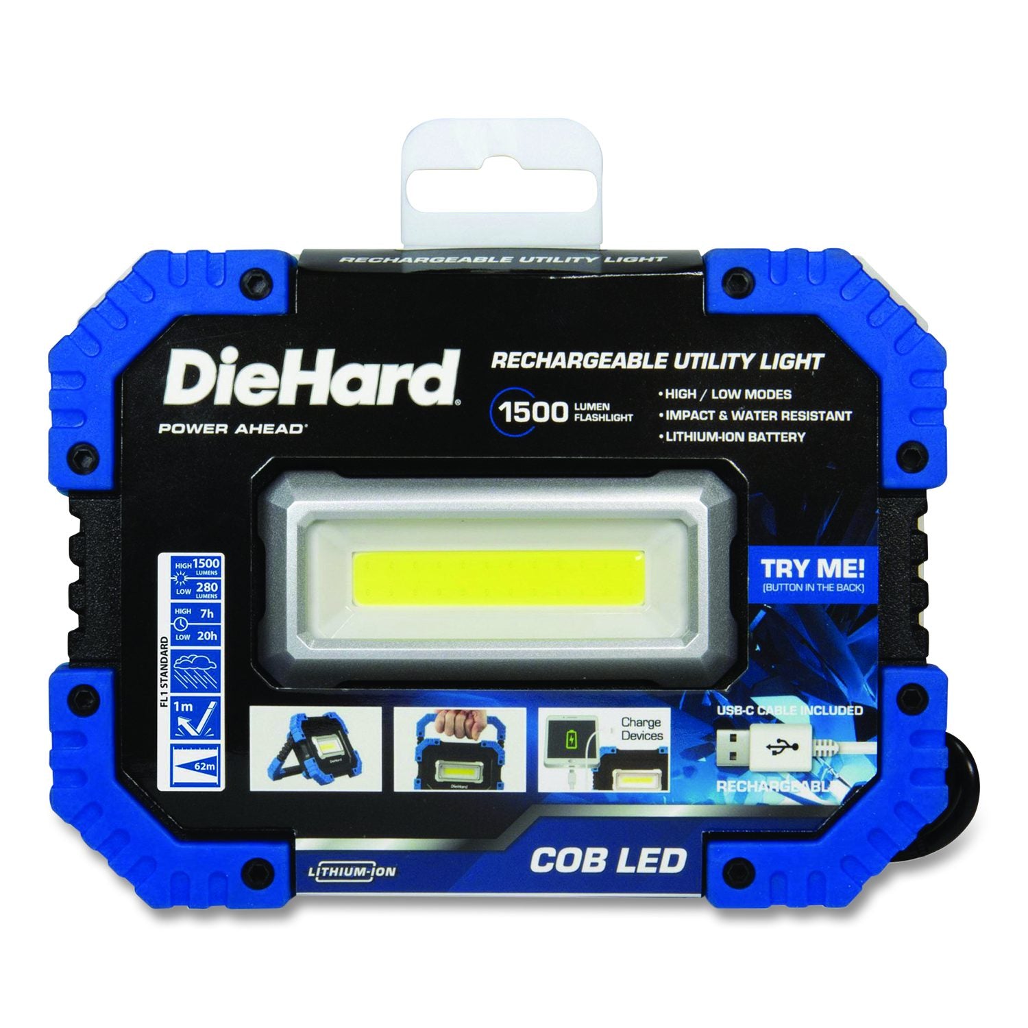Diehard Rechargeable Utility Work Light With Power Bank, Lithium Ion Rechargeable Battery (Included), Black/Blue