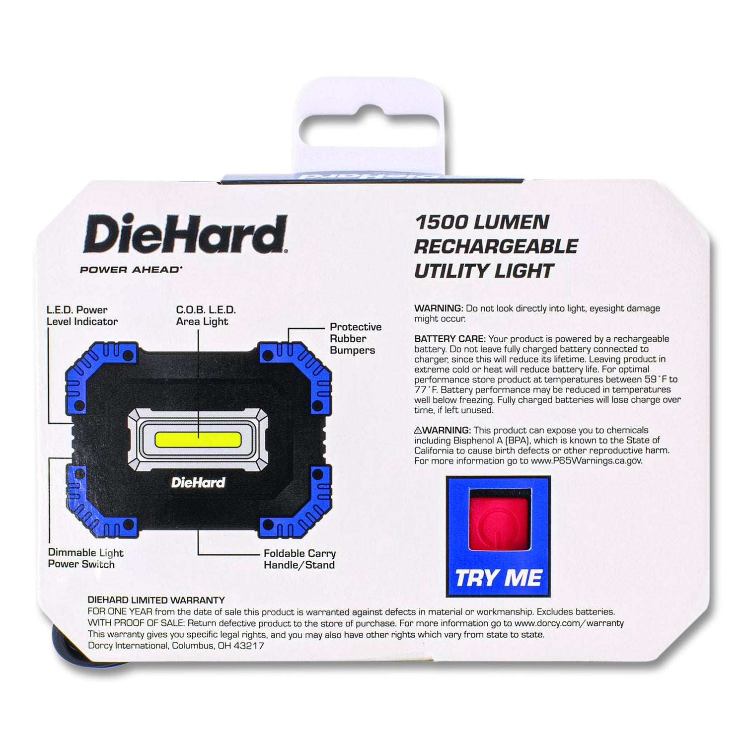 Diehard Rechargeable Utility Work Light With Power Bank, Lithium Ion Rechargeable Battery (Included), Black/Blue