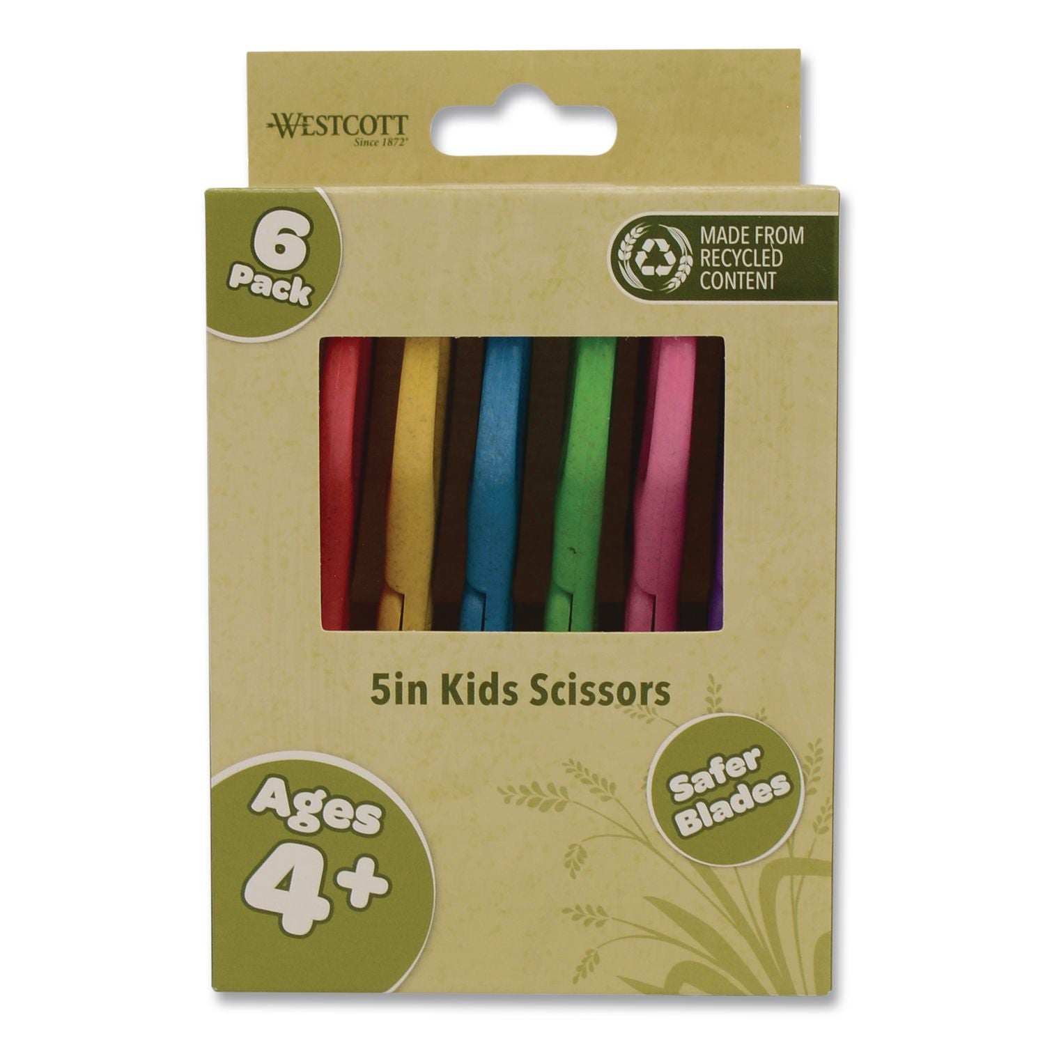 Kleenearth Rice Husk Kids Scissors, Rounded Tip, 5" Long, 2" Cut Length, Straight Assorted Color Handles, 6/Pack