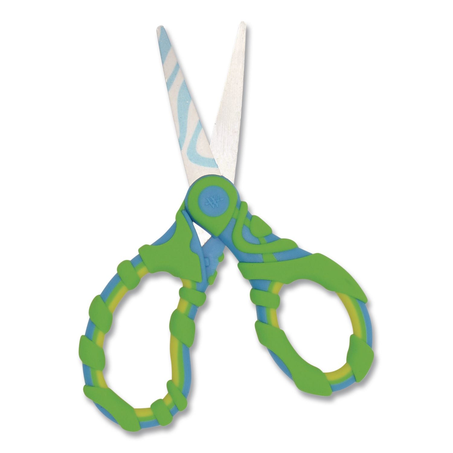 Vibez Student Scissors, Pointed Tip, 5" Long, 2.25" Cut Length, Straight Green/Blue Handle