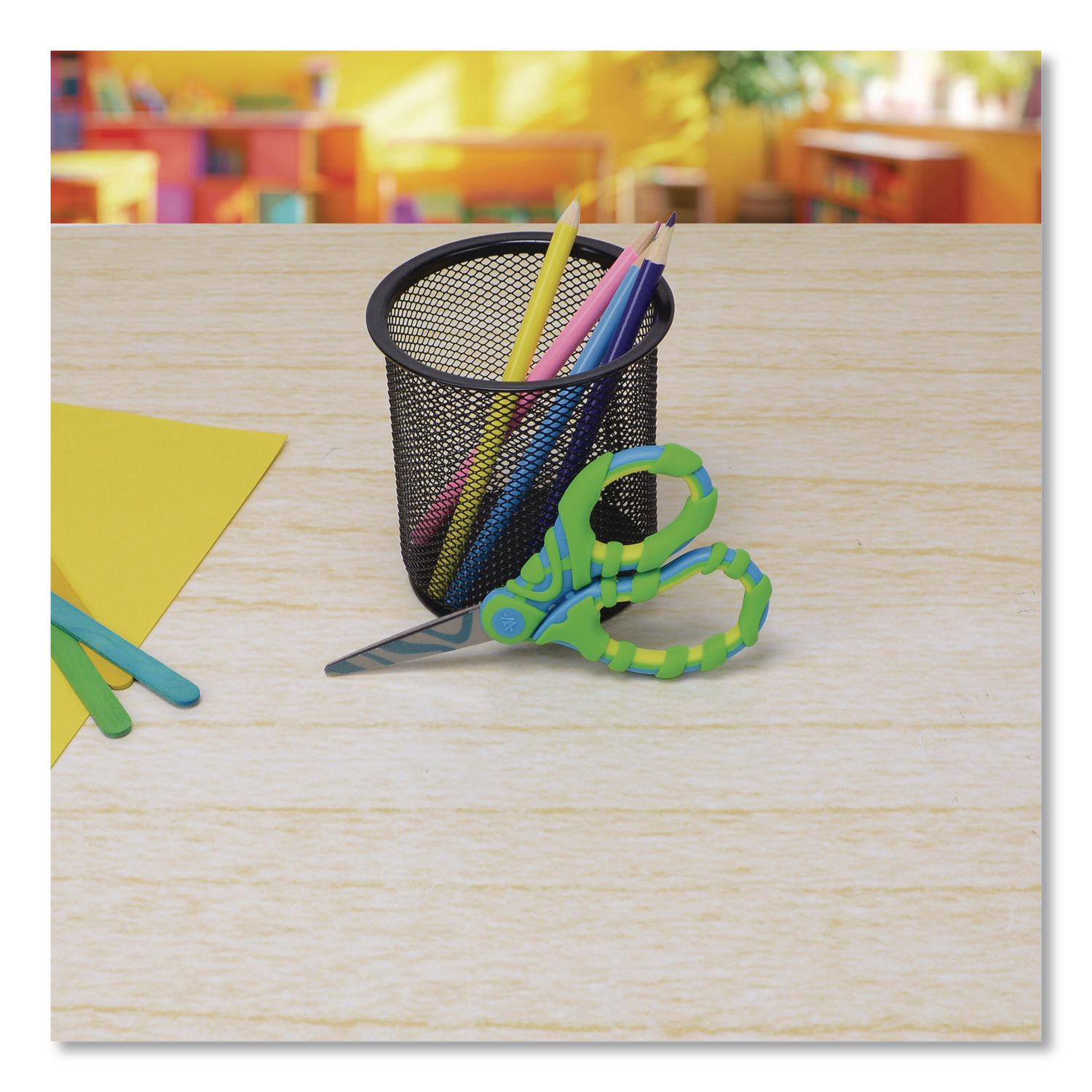 Vibez Student Scissors, Pointed Tip, 5" Long, 2.25" Cut Length, Straight Green/Blue Handle
