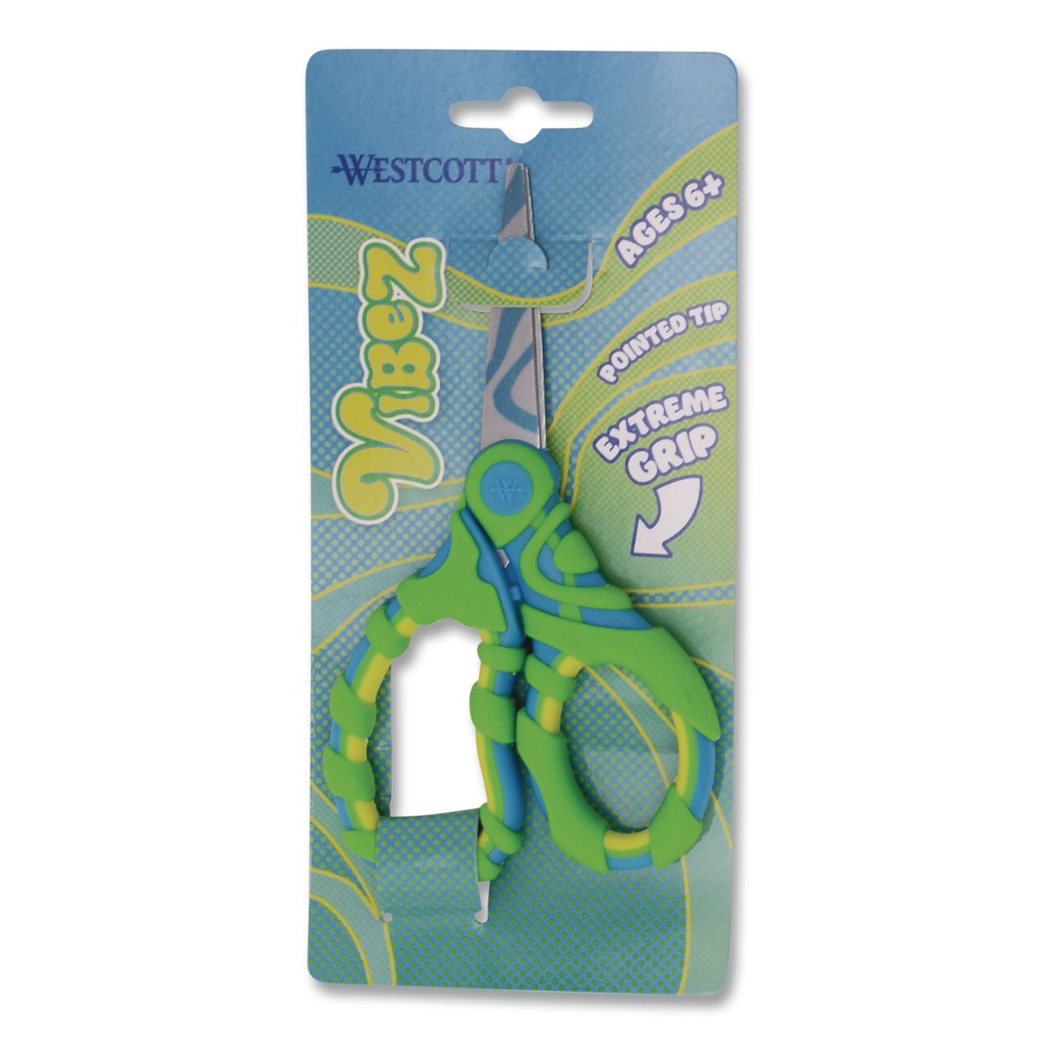 Vibez Student Scissors, Pointed Tip, 5" Long, 2.25" Cut Length, Straight Green/Blue Handle