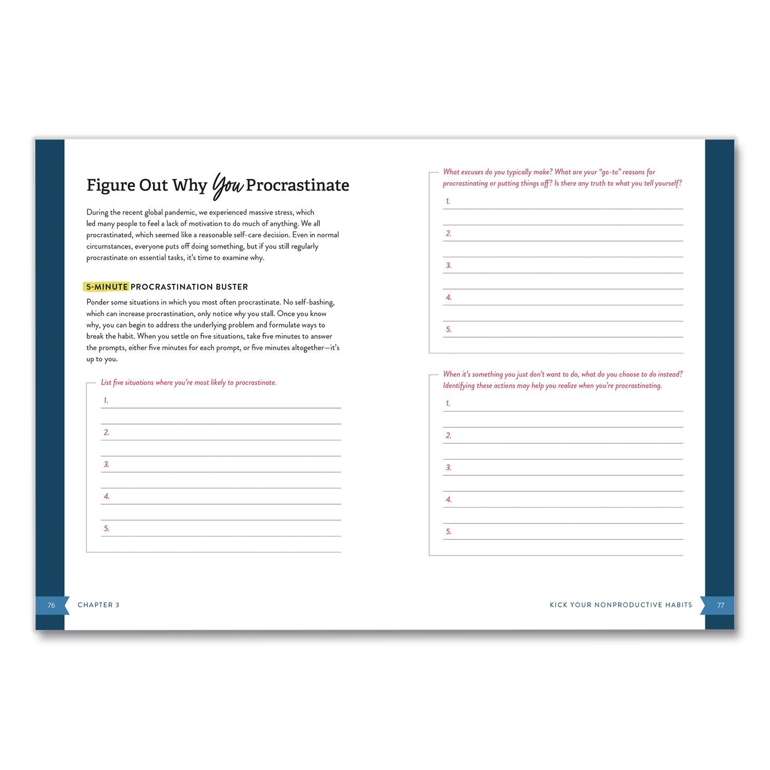 5-Minute Productivity Workbook Journal, White/Blue/Red Cover, (192) 8 X 6 Sheets