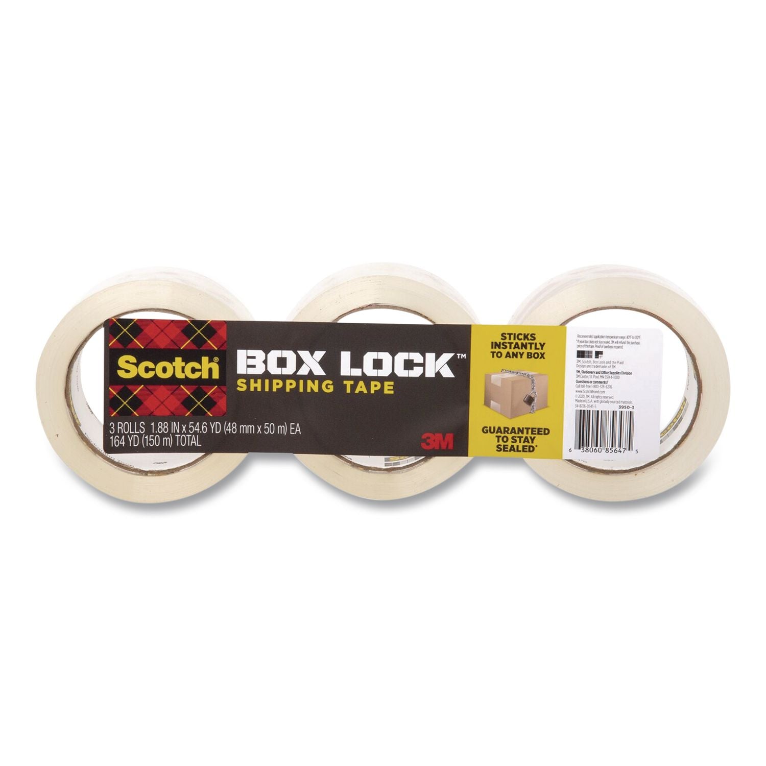 Box Lock Packaging And Shipping Tape, 3" Core, 1.88" X 38.2 Yd, Clear, 3/Pack