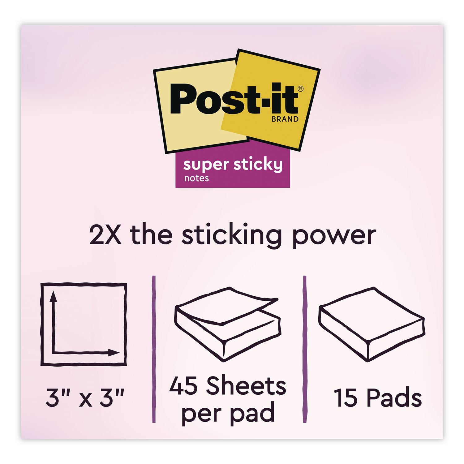 Super Sticky Notes, 3" X 3", Randomly Assorted Energy Boost And Playful Primaries Colors, 45 Sheets/Pad, 15 Pads/Pack