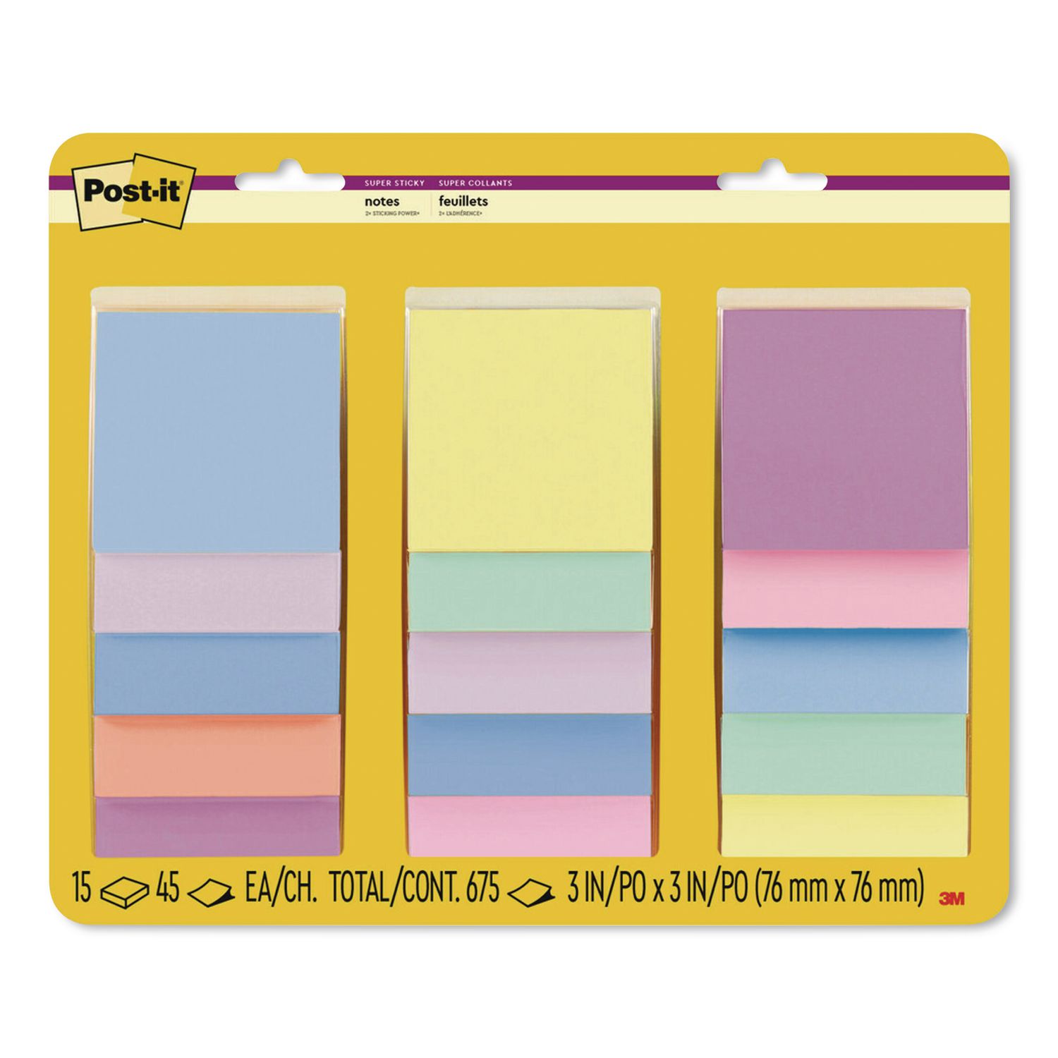 Super Sticky Notes, 3" X 3", Randomly Assorted Energy Boost And Playful Primaries Colors, 45 Sheets/Pad, 15 Pads/Pack