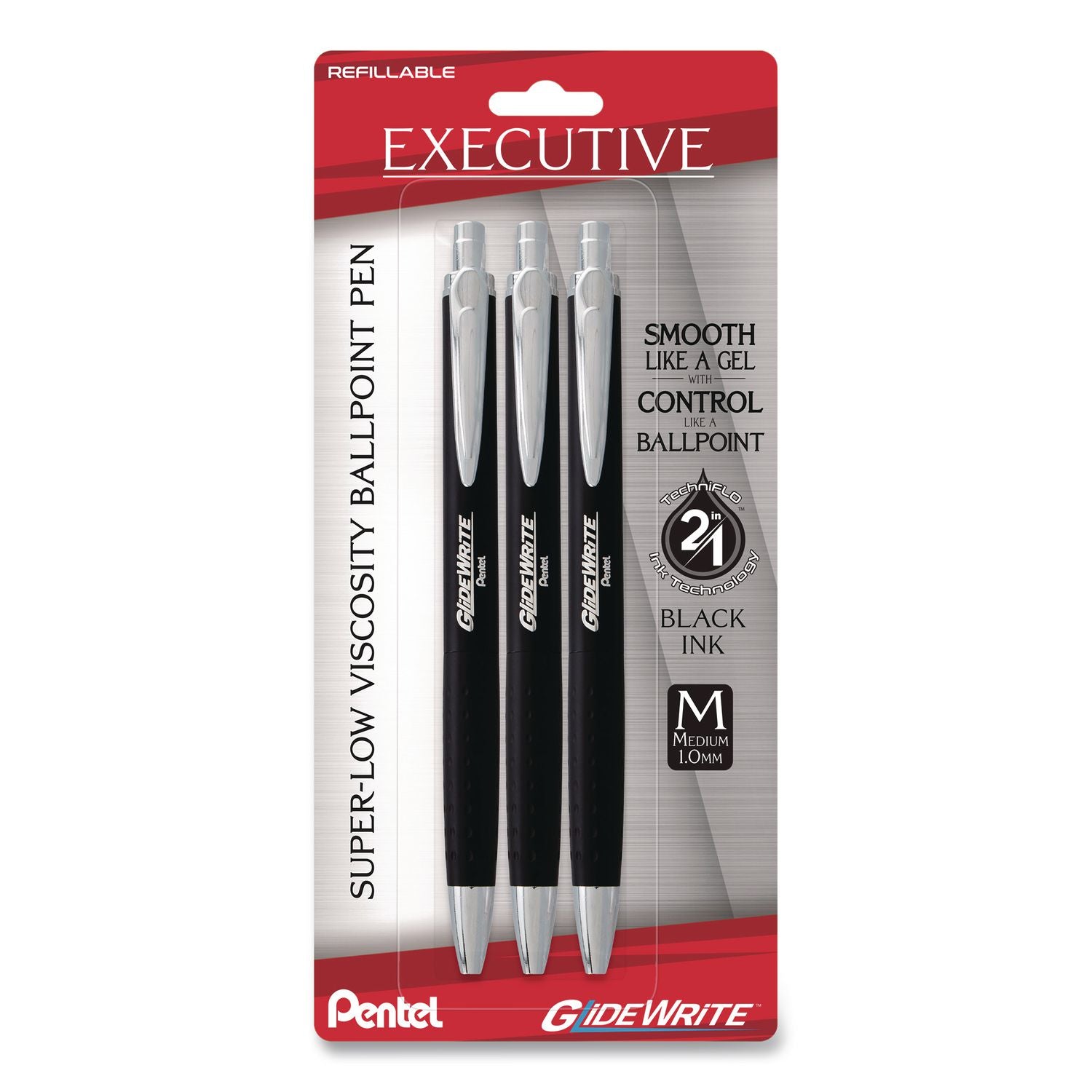 Glidewrite Executive Hybrid Gel Pen, Retractable, Medium 1 Mm, Black Ink, Black/Silver Barrel, 3/Pack
