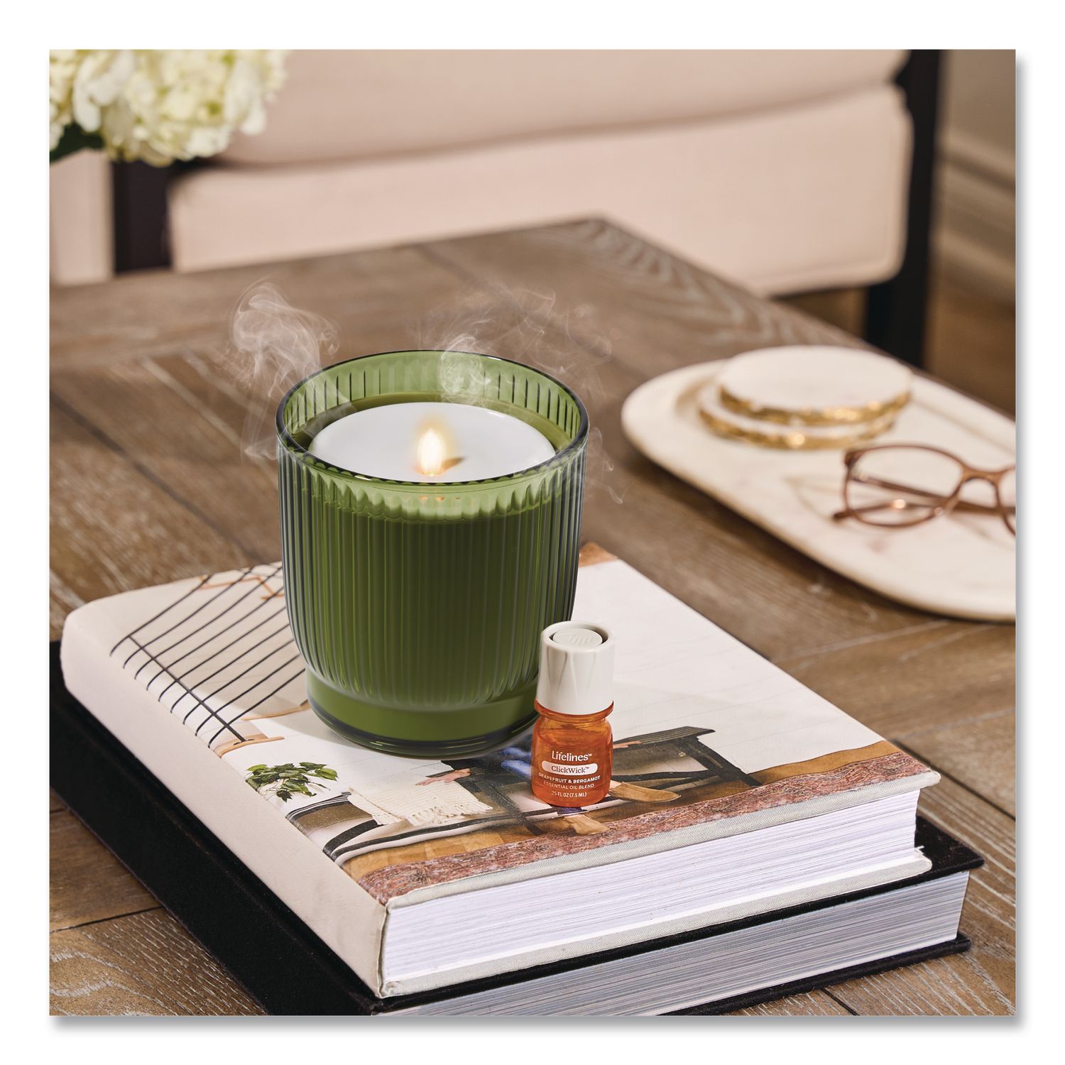 Aromatherapy Essential Oil Flameless Candle Diffuser, Grapefruit And Bergamot Essential Oil, 5.5 X 5.5 X 5.5, Olive