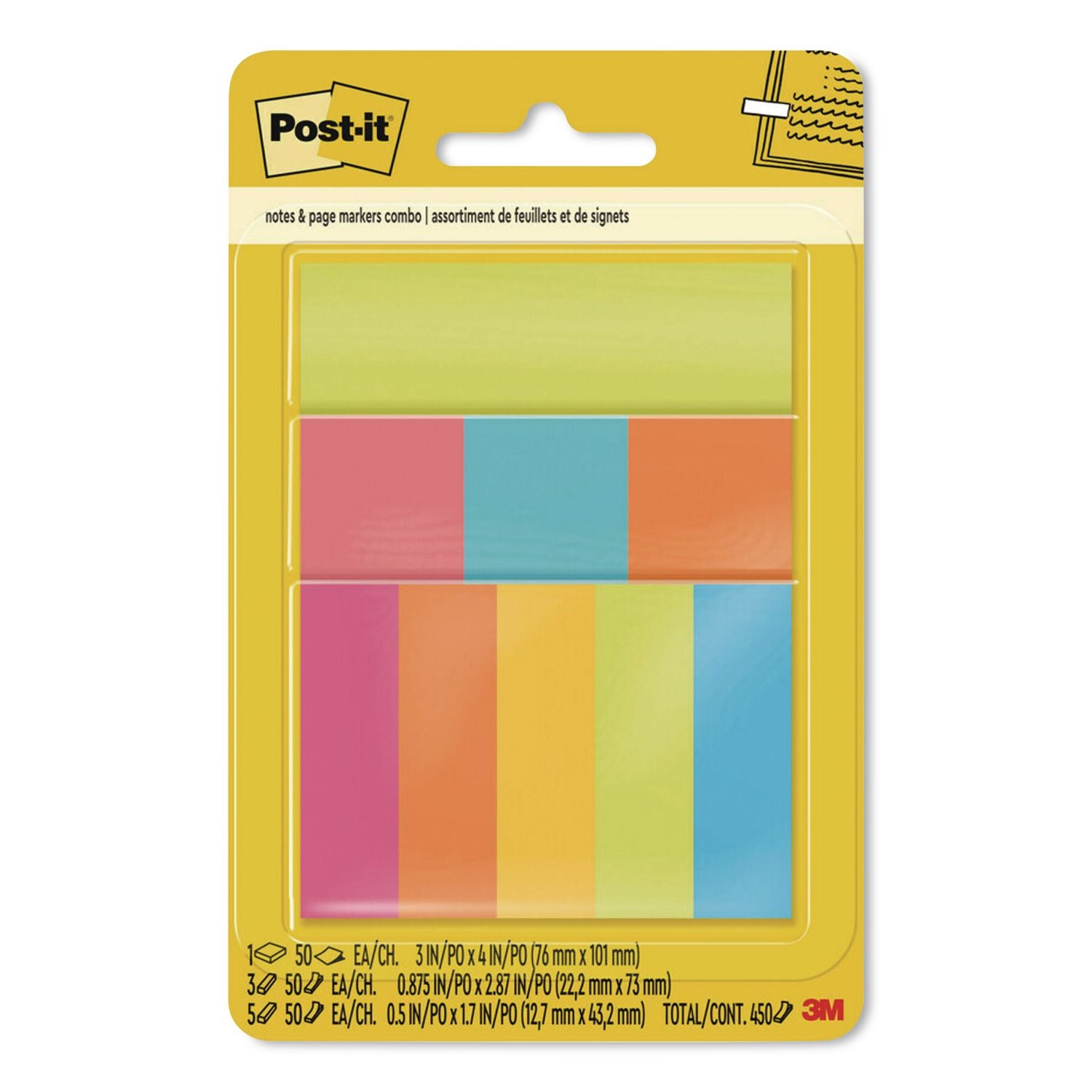 Combo Pack With Pagemarkers, (1) 3" X 4", (3) 0.88" X 2.87", (5) 0.5" X 1.7", Randomly Assorted Bright Colors, 50 Sheets/Pad
