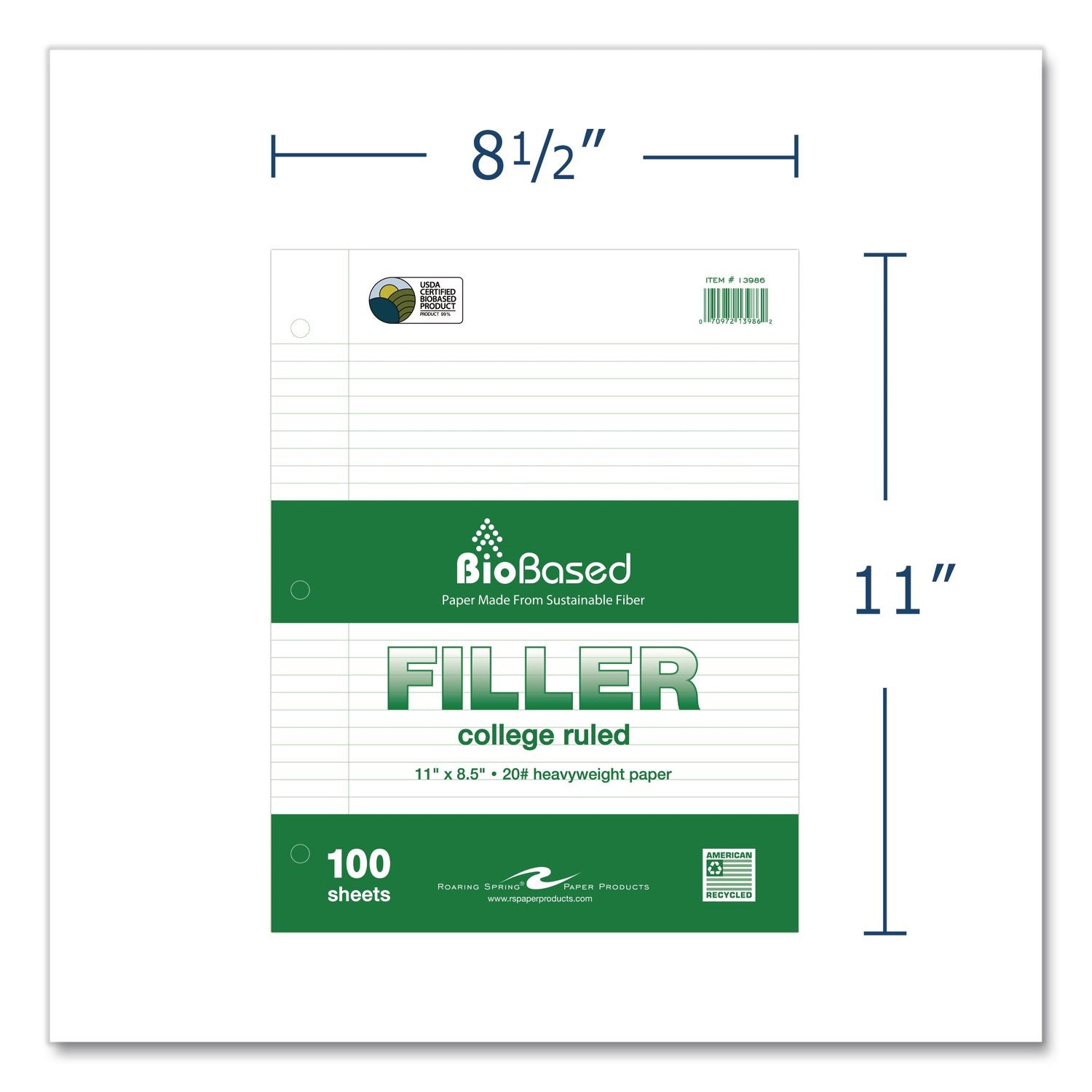 Heavyweight Biobased Filler Paper, Side: 3-Hole, 8.5 X 11, Medium/College Rule, 100/Pack