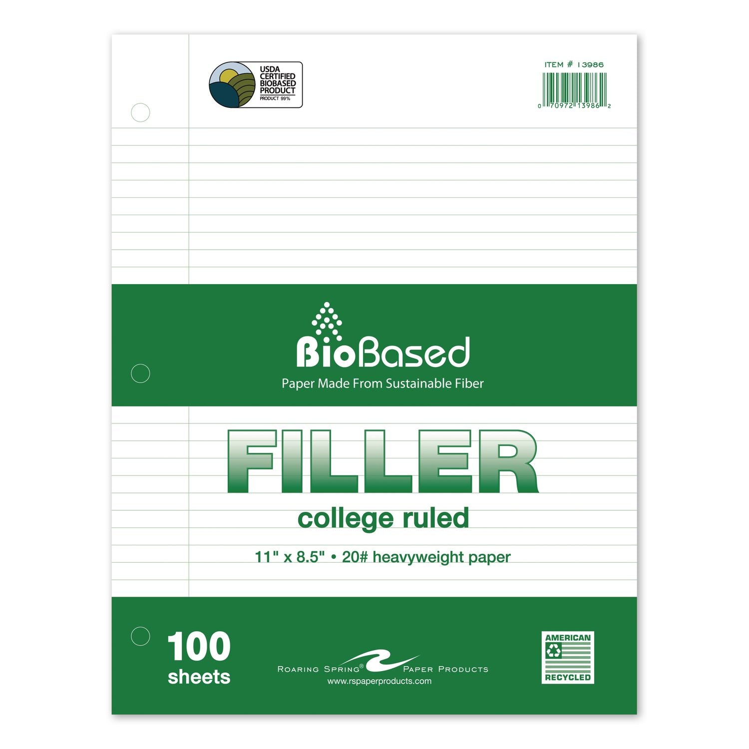 Heavyweight Biobased Filler Paper, Side: 3-Hole, 8.5 X 11, Medium/College Rule, 100/Pack