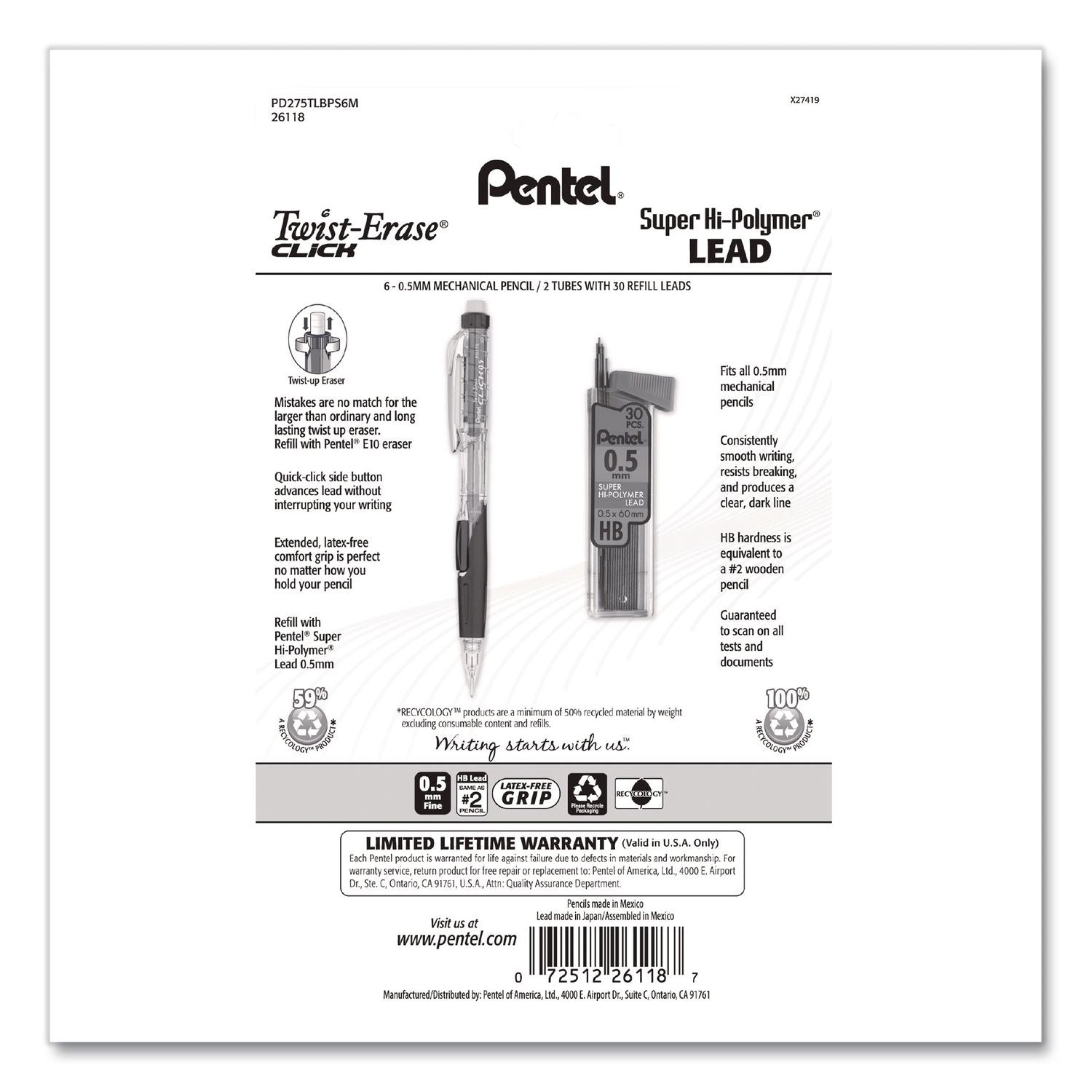Twist-Erase CLICK Mechanical Pencil, 0.5 Mm, HB (#2), Assorted Barrel Colors, 6/Pack