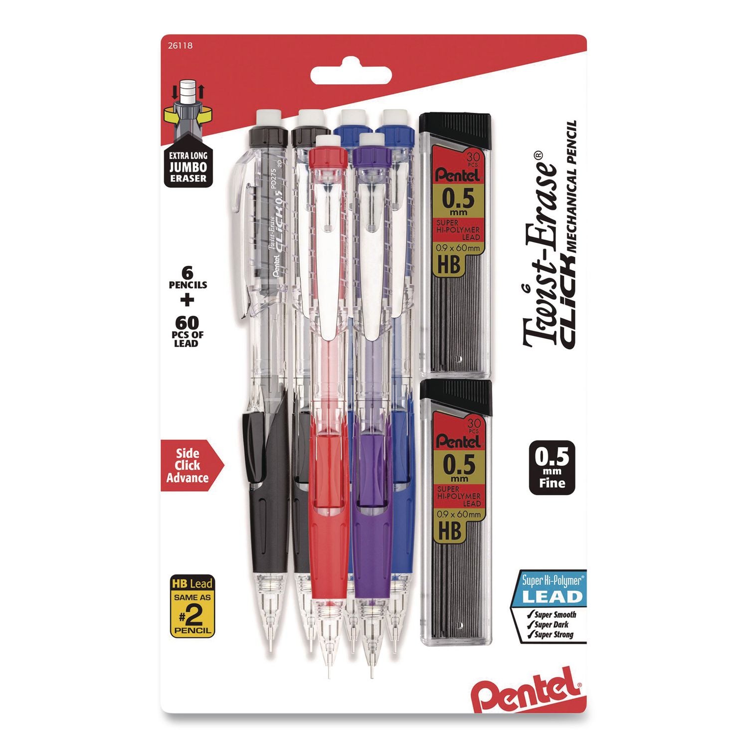 Twist-Erase CLICK Mechanical Pencil, 0.5 Mm, HB (#2), Assorted Barrel Colors, 6/Pack