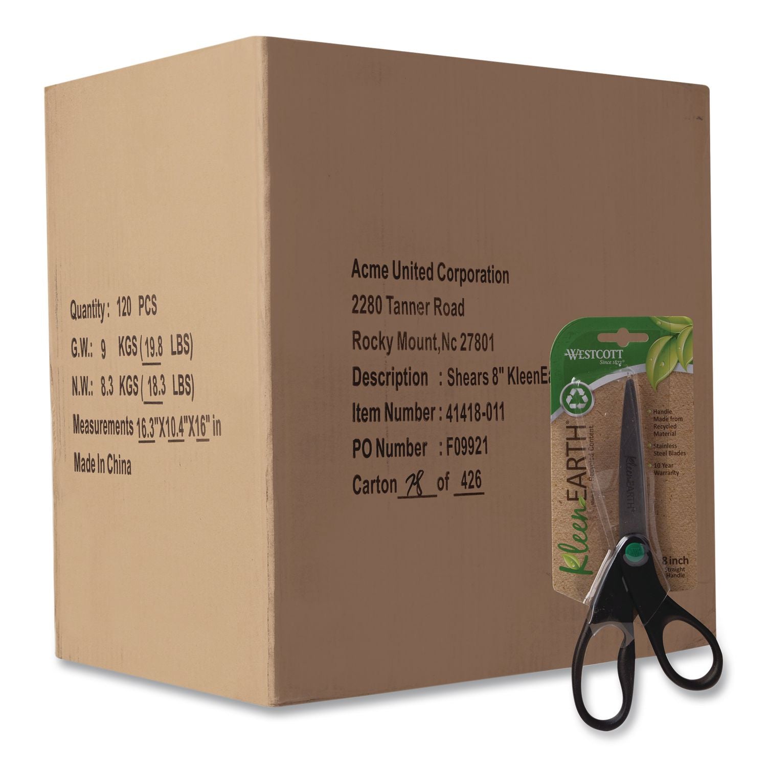 Kleenearth Scissors, 8" Long, 3.25" Cut Length, Straight Black Handle, 120/Carton