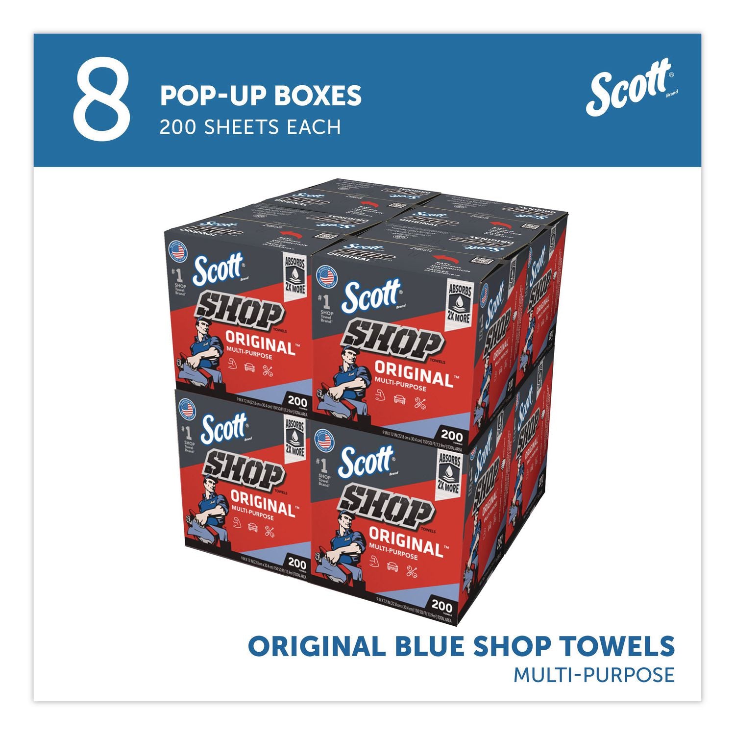 Shop Towels, POP-UP Box, 1-Ply, 9 X 12, Blue, 200/Box, 8 Boxes/Carton