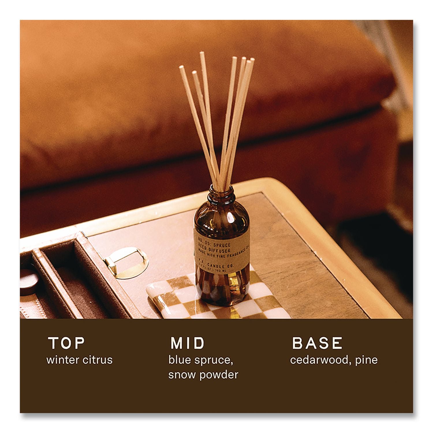 Reed Diffuser, Spruce, 3.5 Oz, 4.25" Bottle, 9" Reeds, Amber
