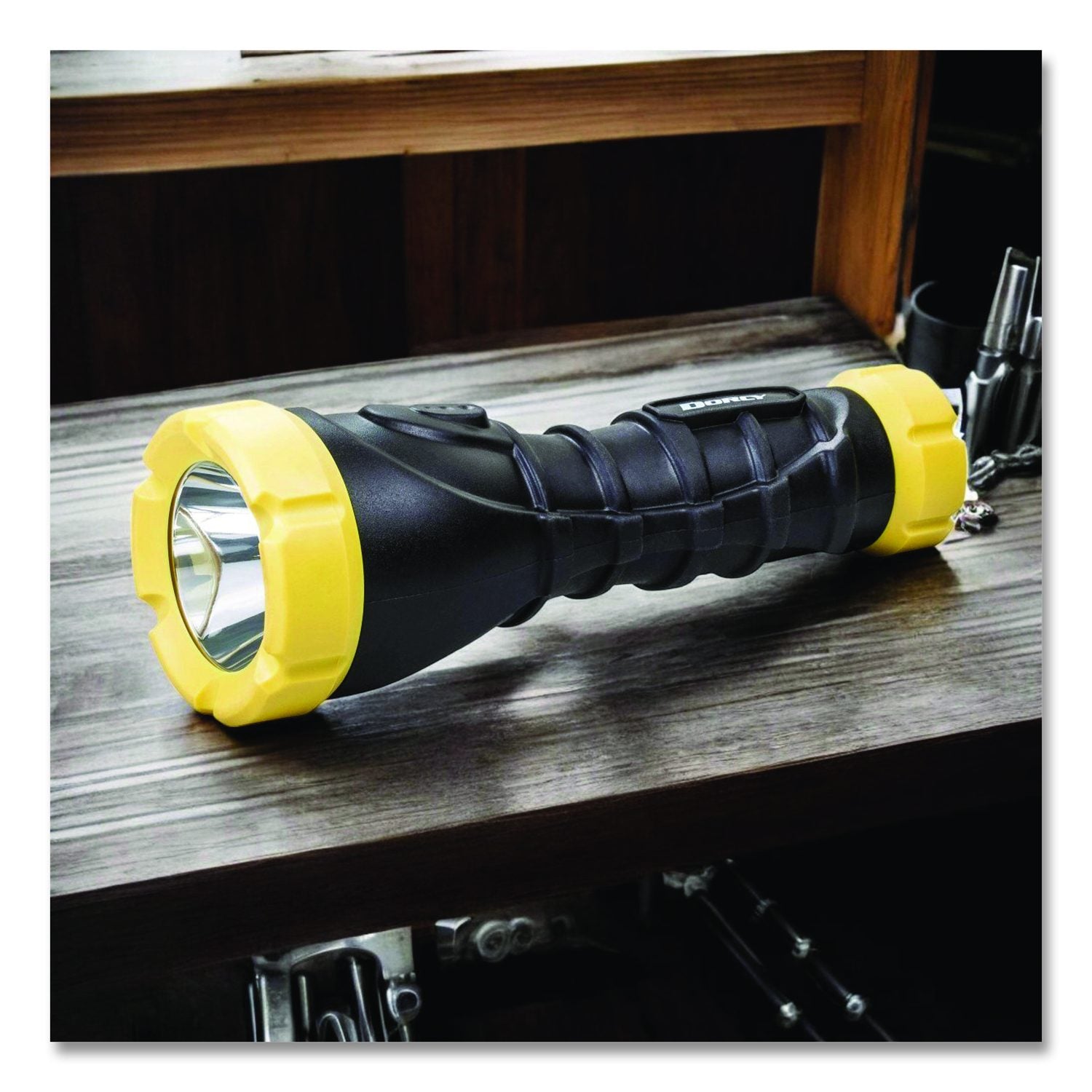 Durable Rubber Flashlight, 3 AA Batteries (Included), Black/Yellow