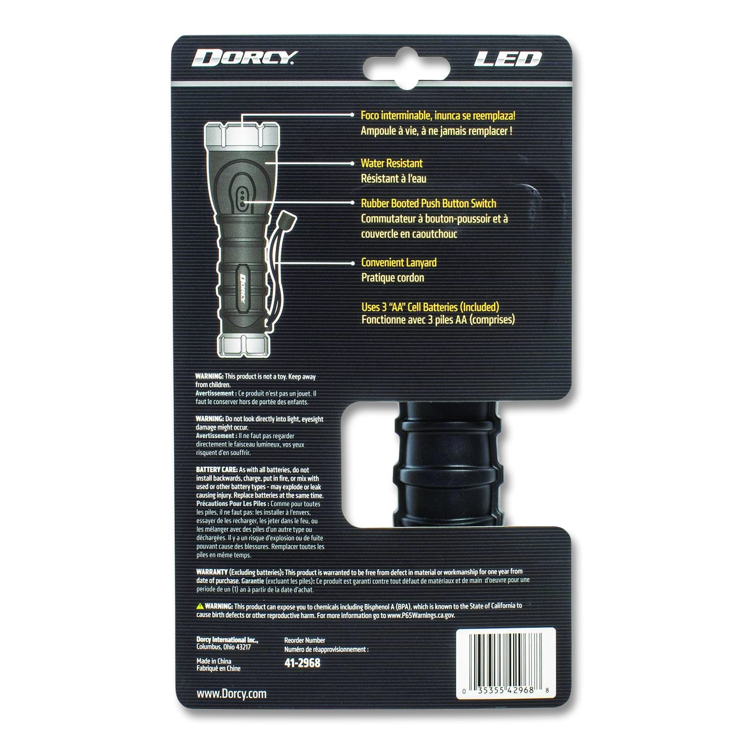 Durable Rubber Flashlight, 3 AA Batteries (Included), Black/Yellow