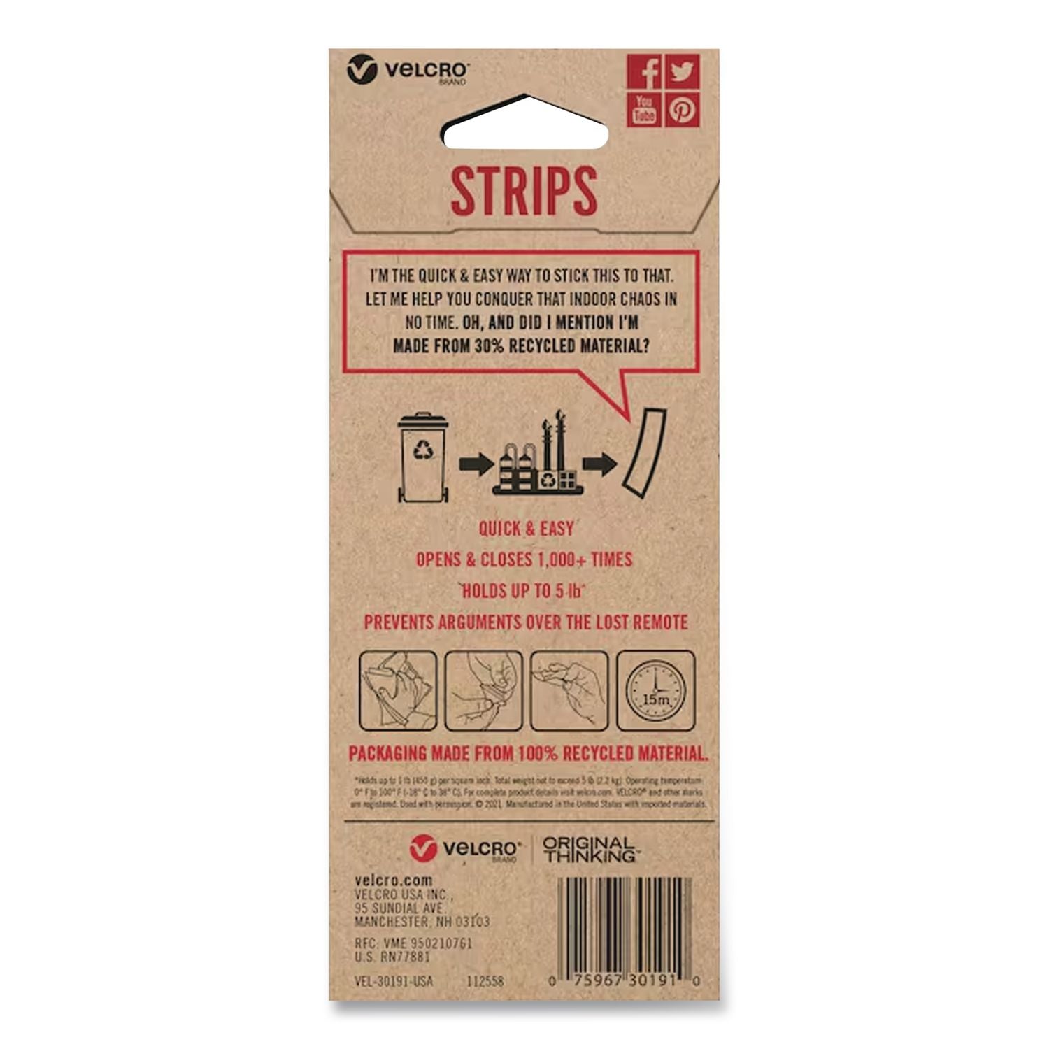 ECO Collection Hook-And-Loop Strips, 2.5" X 0.75", White, 8/Pack