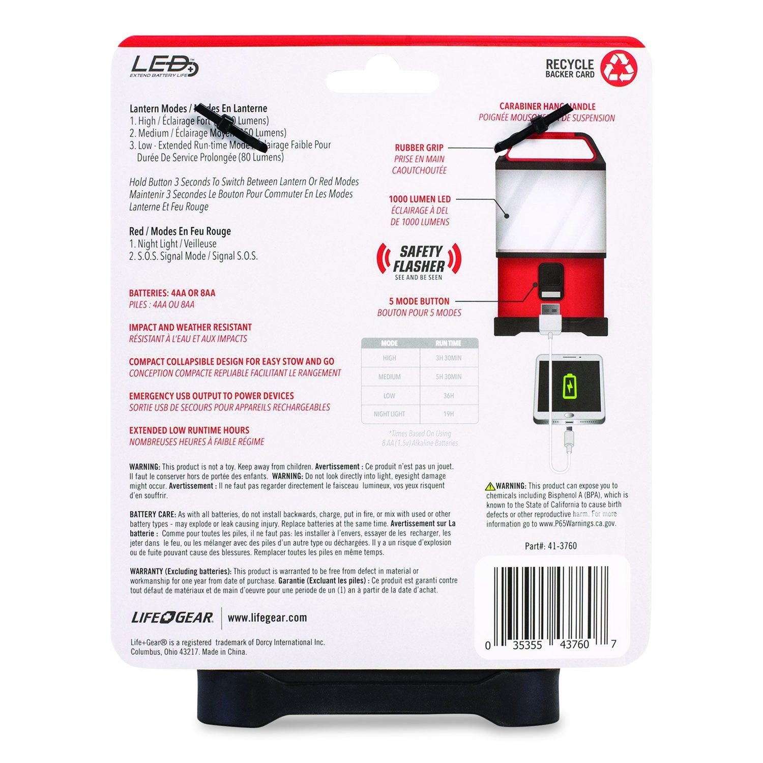 Lifegear Stormproof Stow Away Lantern, 4 AA Batteries (Included), Red