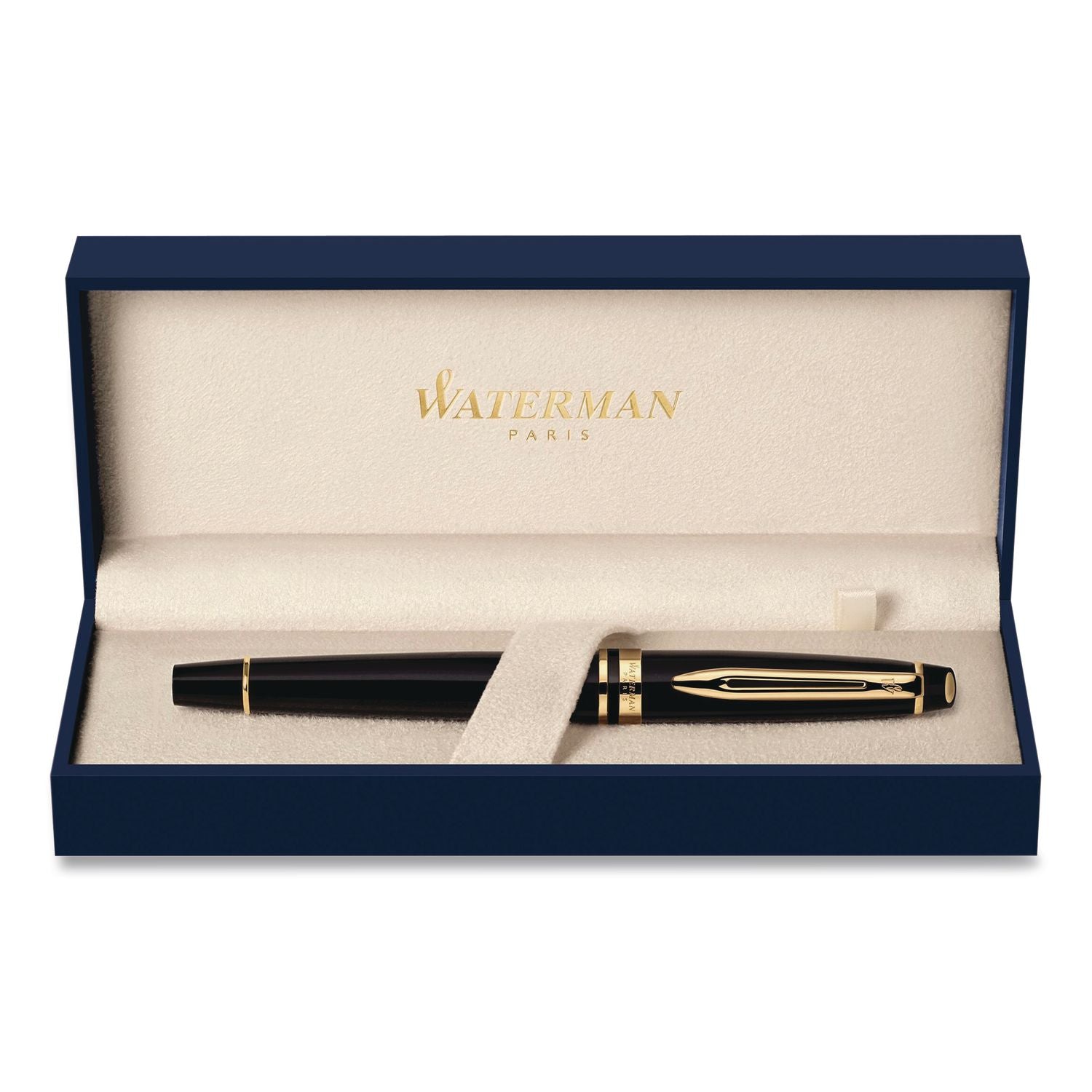 Expert Fountain Pen Gift Box, Medium Nib, Blue Ink, Black Barrel With 23K Gold Accents