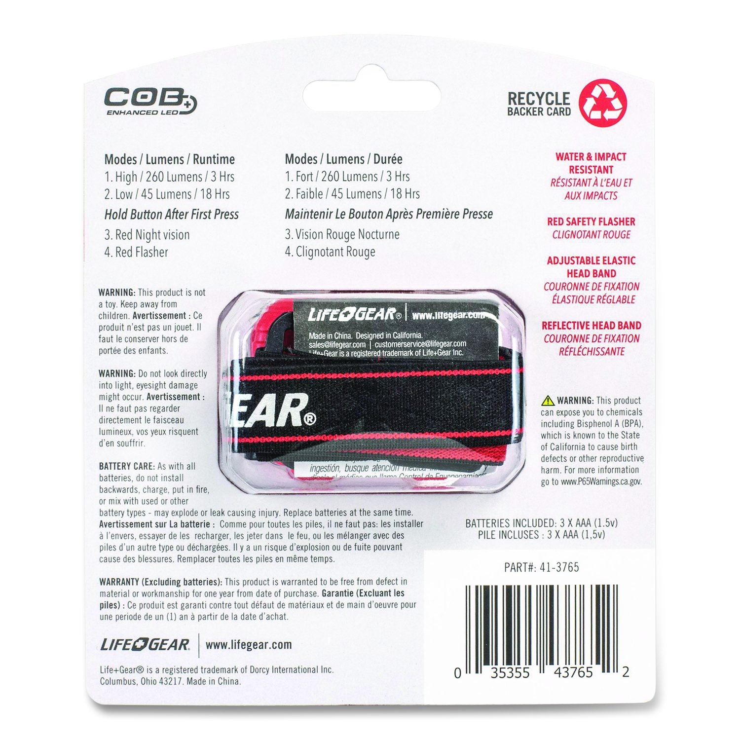 Lifegear Storm Proof Headlamp, 3 AAA Batteries (Included), Black/Red