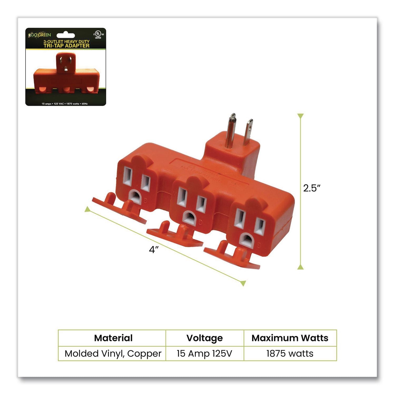 3-Outlet Tri Tap Adapter With Covers, Orange