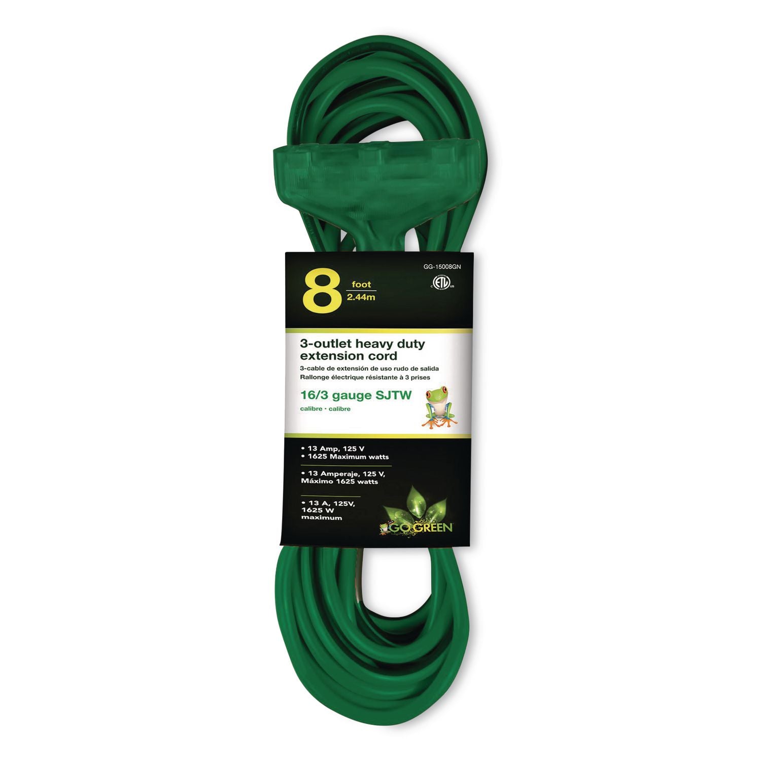3-Outlet Outdoor Extension Cord With Lighted End, 13 A, 8 Ft, 13, Green