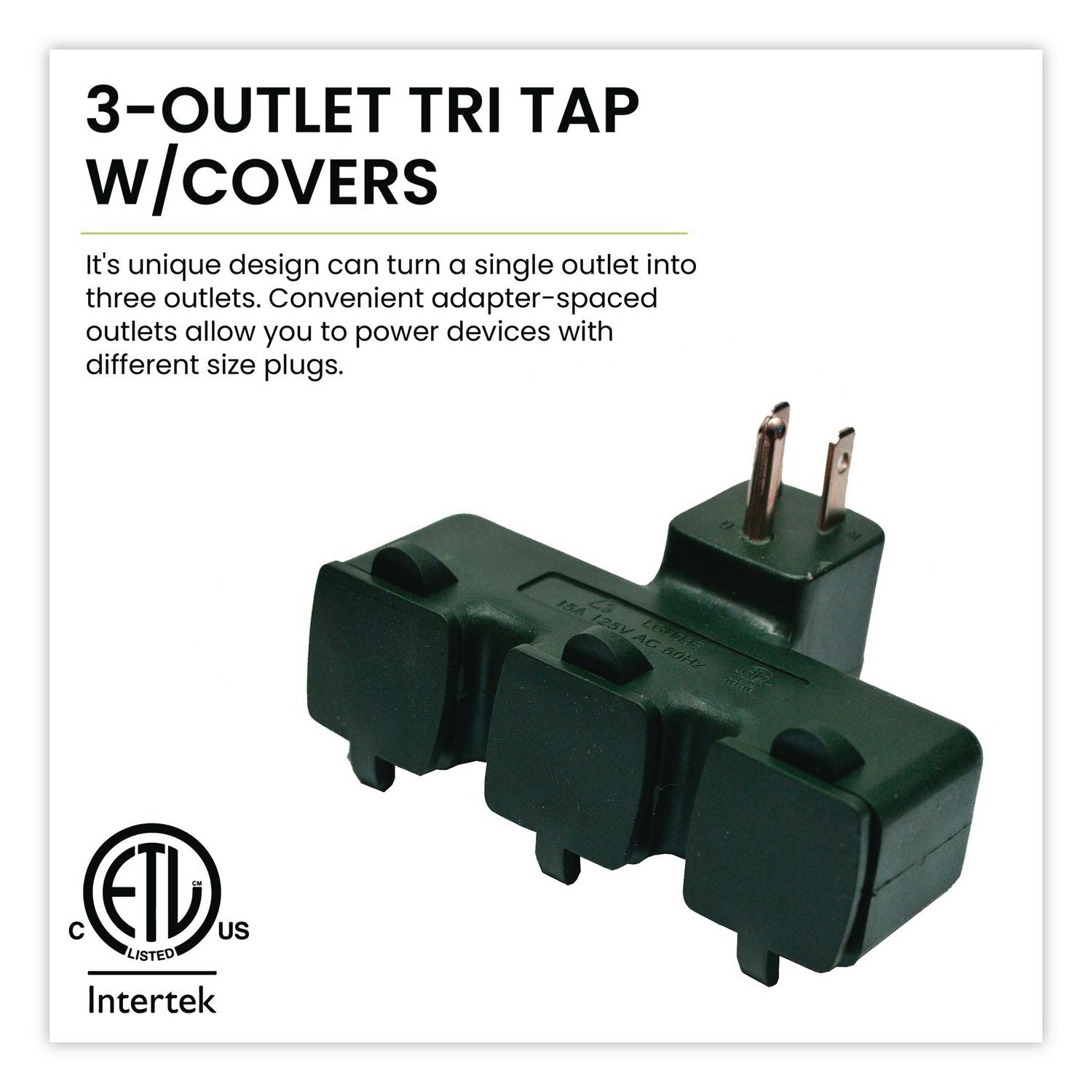 3-Outlet Tri Tap Adapter With Covers, 3 Outlets, Green