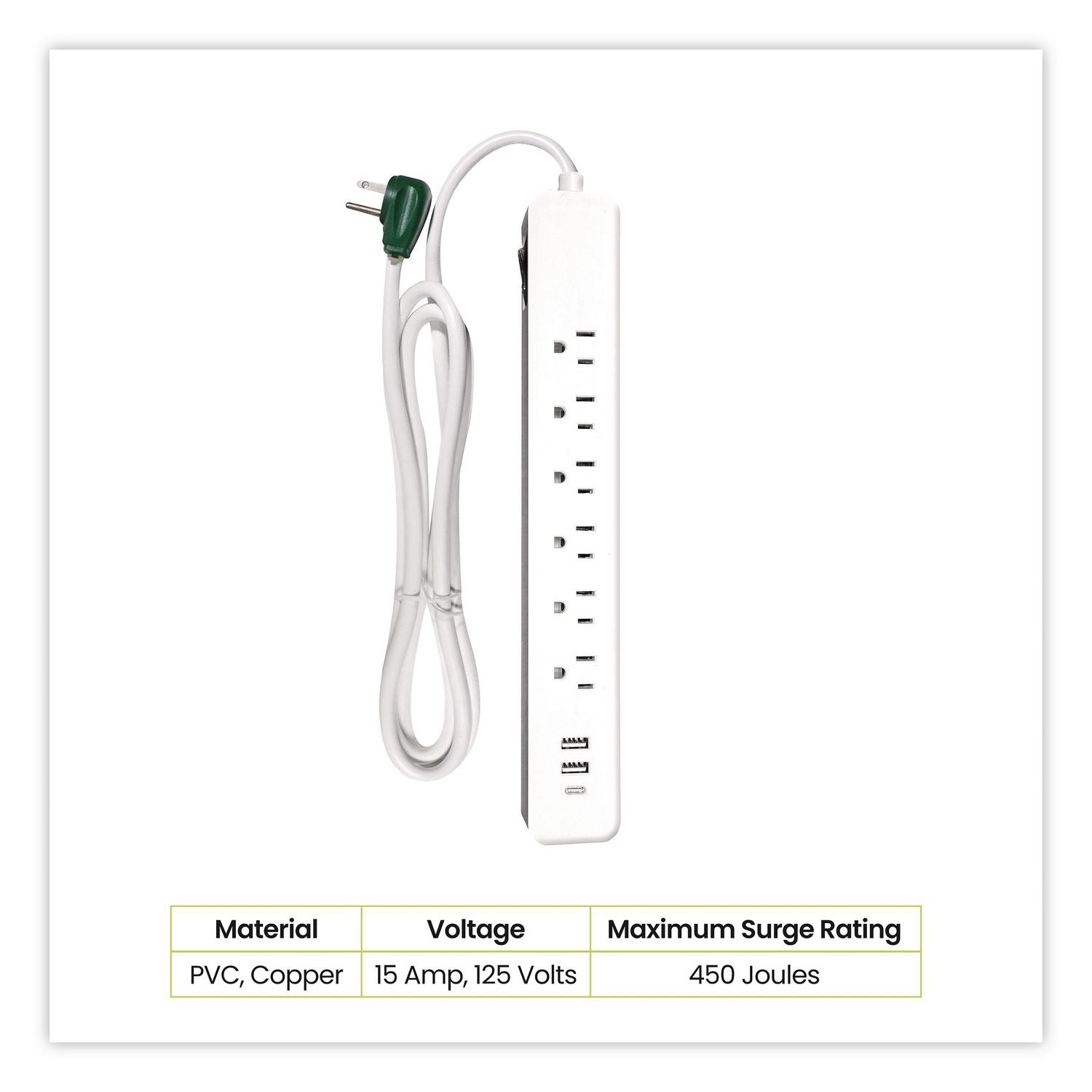 6 Outlet Surge Protector With USB, 6 AC Outlets/3 USB Ports, 6 Ft Cord, 450 J, White