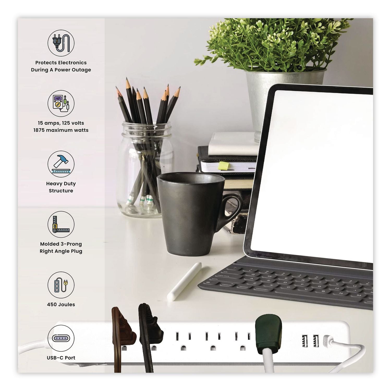 6 Outlet Surge Protector With USB, 6 AC Outlets/3 USB Ports, 6 Ft Cord, 450 J, White