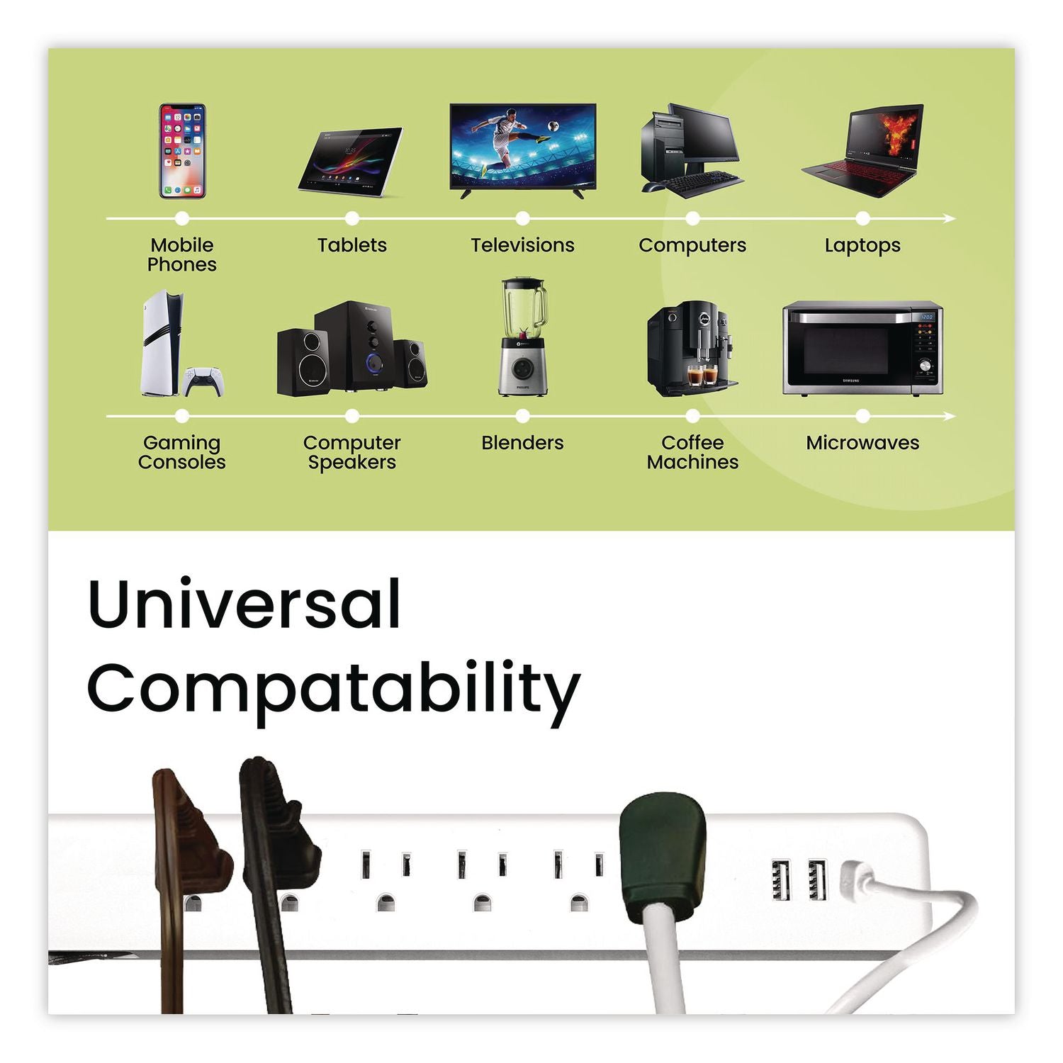 6 Outlet Surge Protector With USB, 6 AC Outlets/3 USB Ports, 6 Ft Cord, 450 J, White